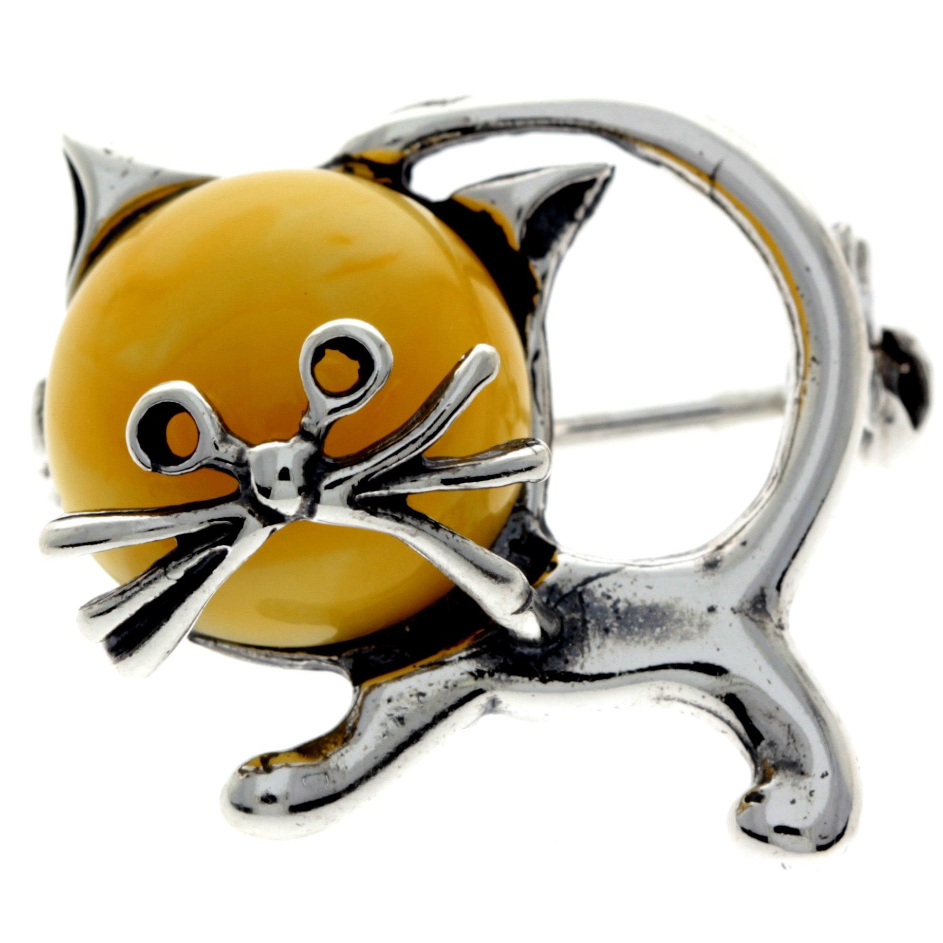 925 Sterling Silver & Baltic Amber Cat Brooch - 4174