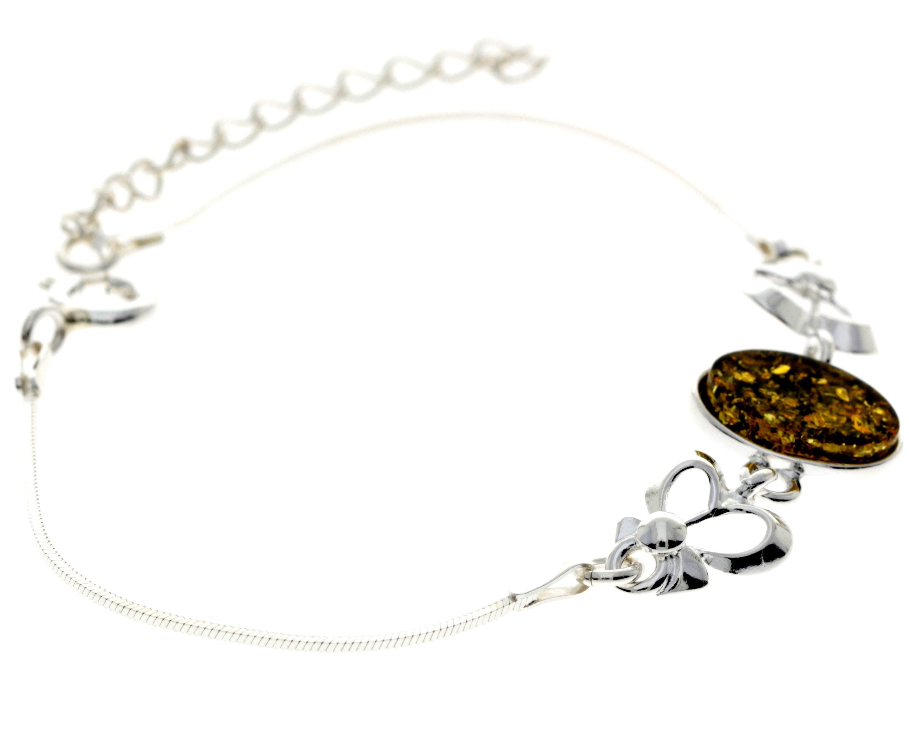 925 Sterling Silver & Baltic Amber Adjustable Bracelet with Silver Hearts - M559