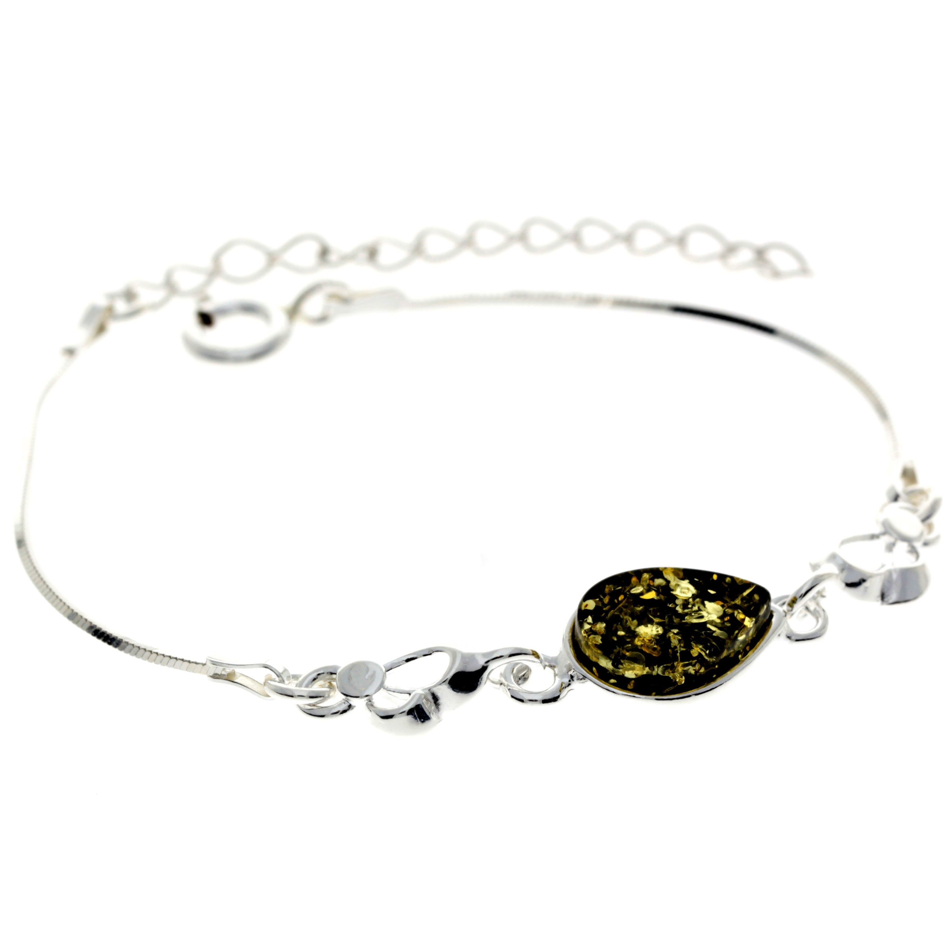 925 Sterling Silver & Baltic Amber Adjustable Bracelet with Silver Hearts - M557