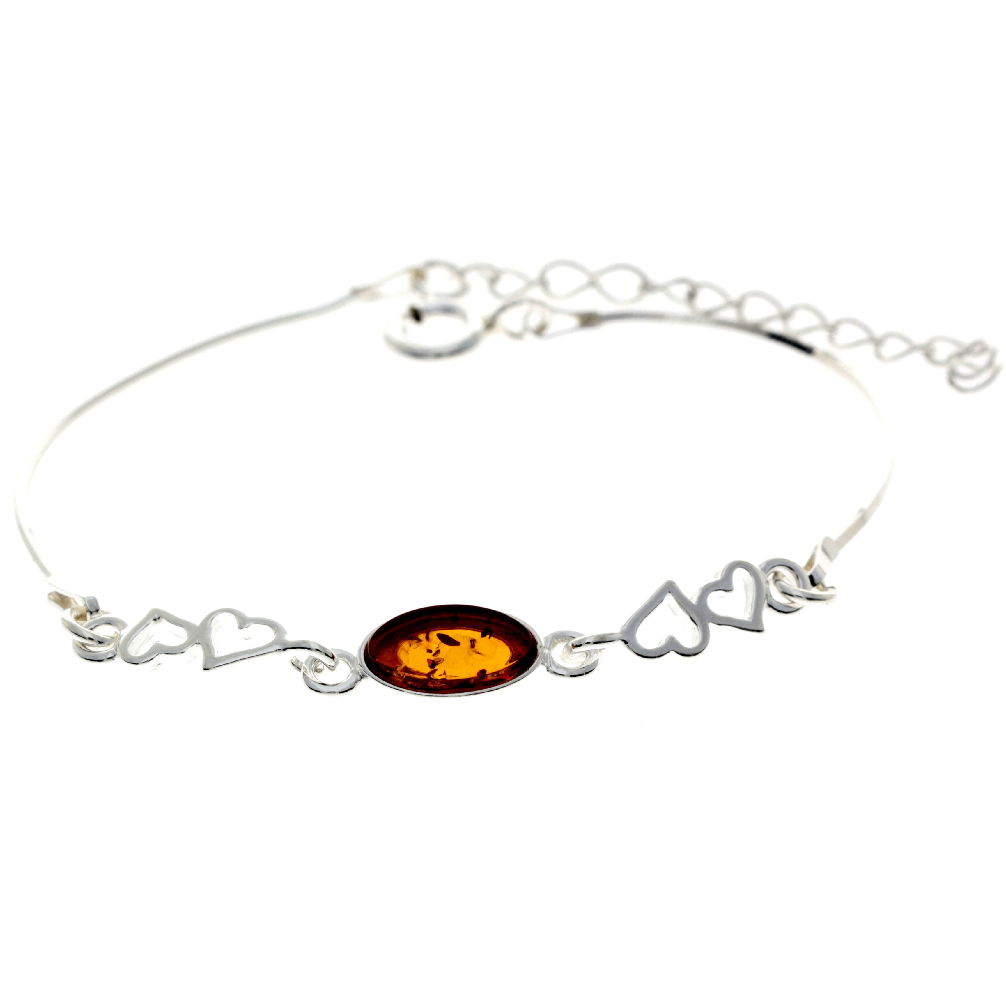 925 Sterling Silver & Baltic Amber Adjustable Bracelet with Silver Hearts - M560