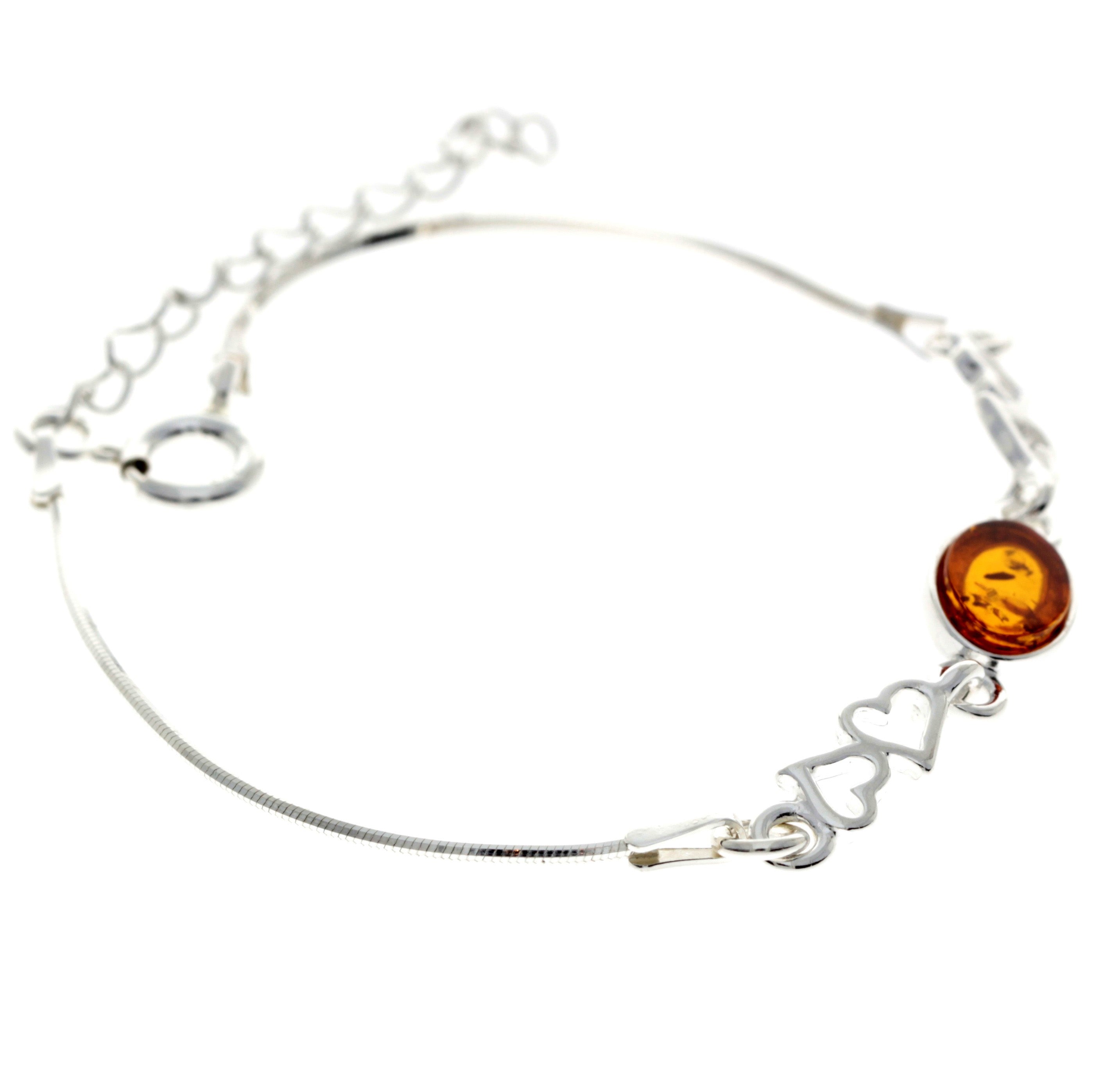 925 Sterling Silver & Baltic Amber Adjustable Bracelet with Silver Hearts - M560