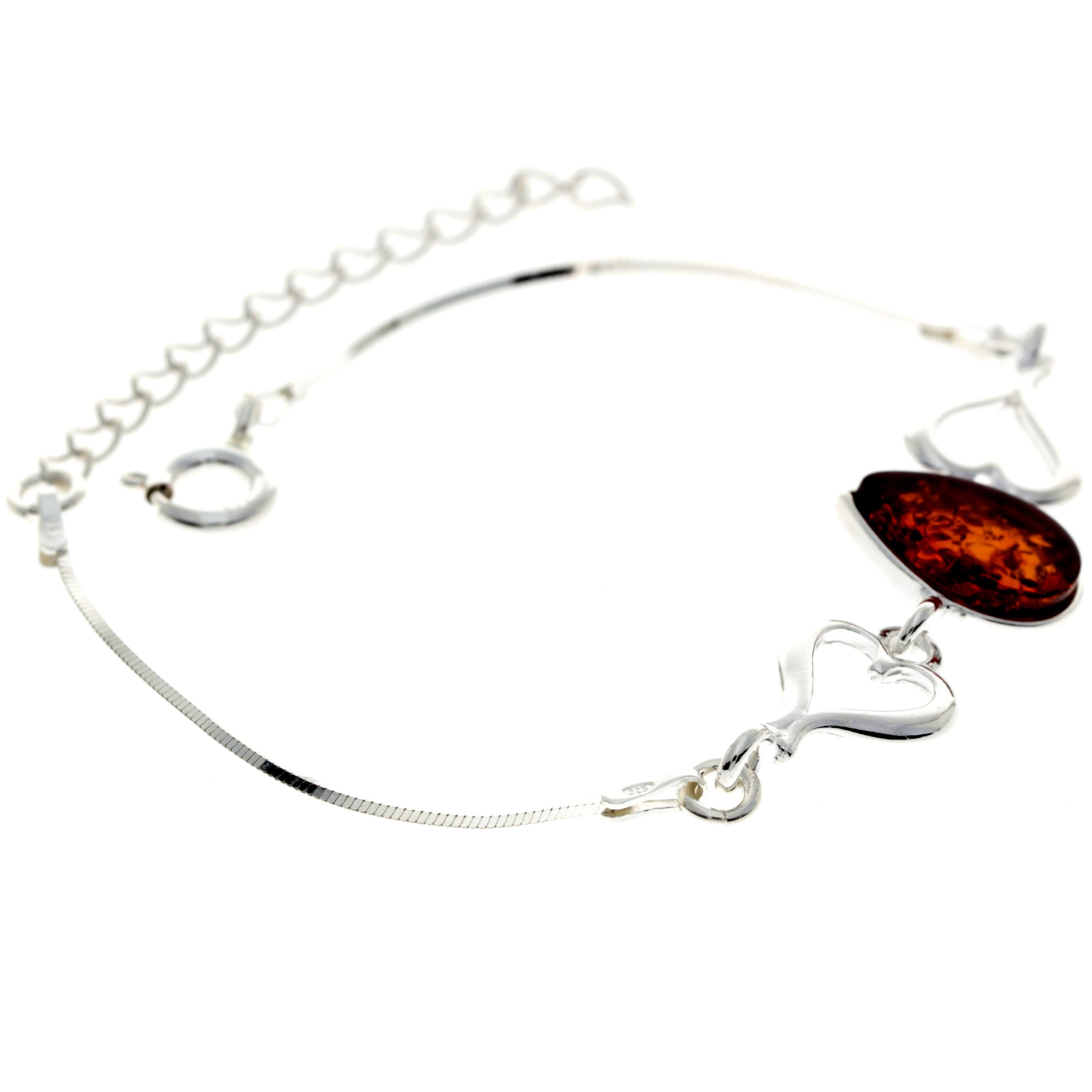 925 Sterling Silver & Baltic Amber Adjustable Bracelet with Silver Hearts - M567