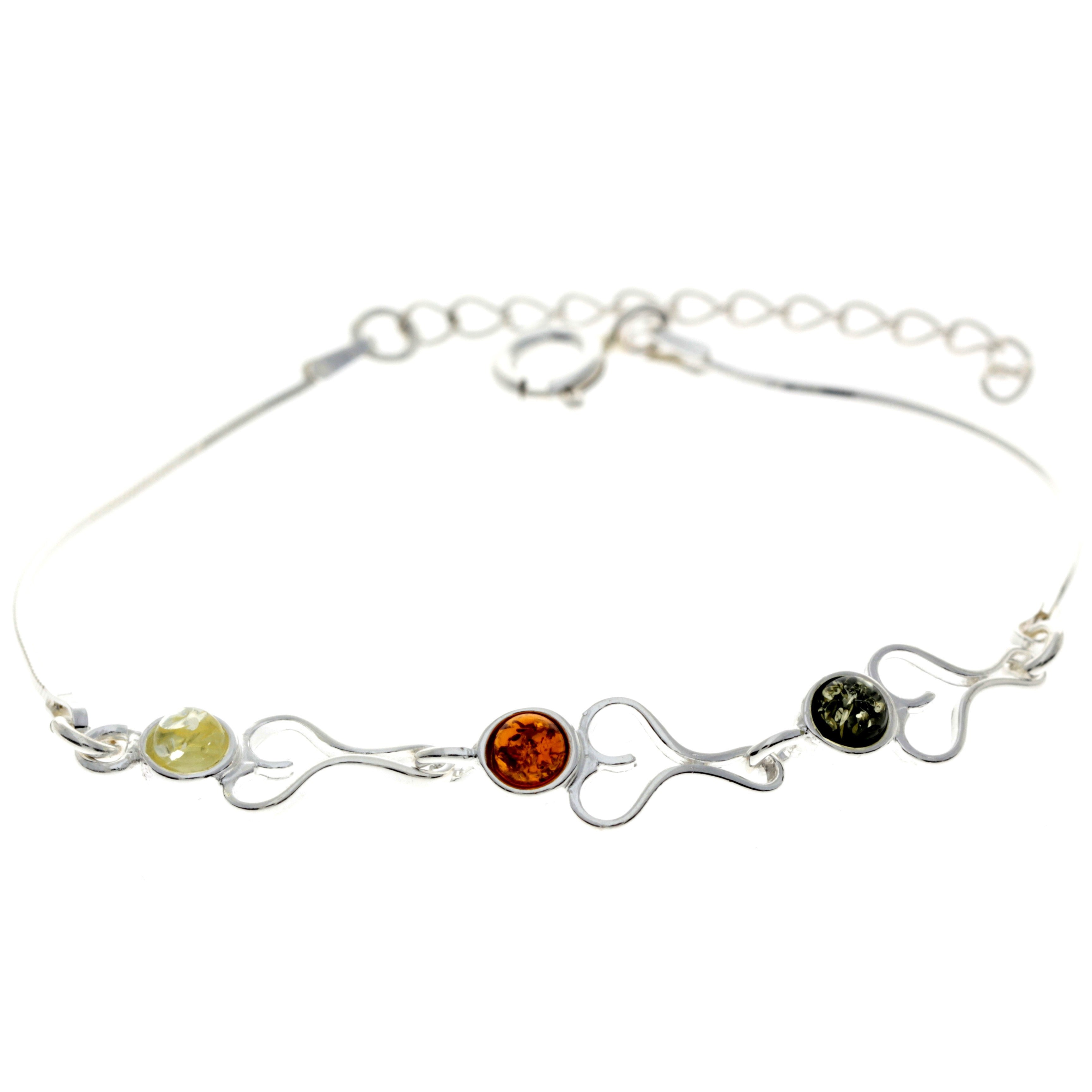 925 Sterling Silver & Baltic Amber Adjustable Bracelet with Silver Hearts - M569