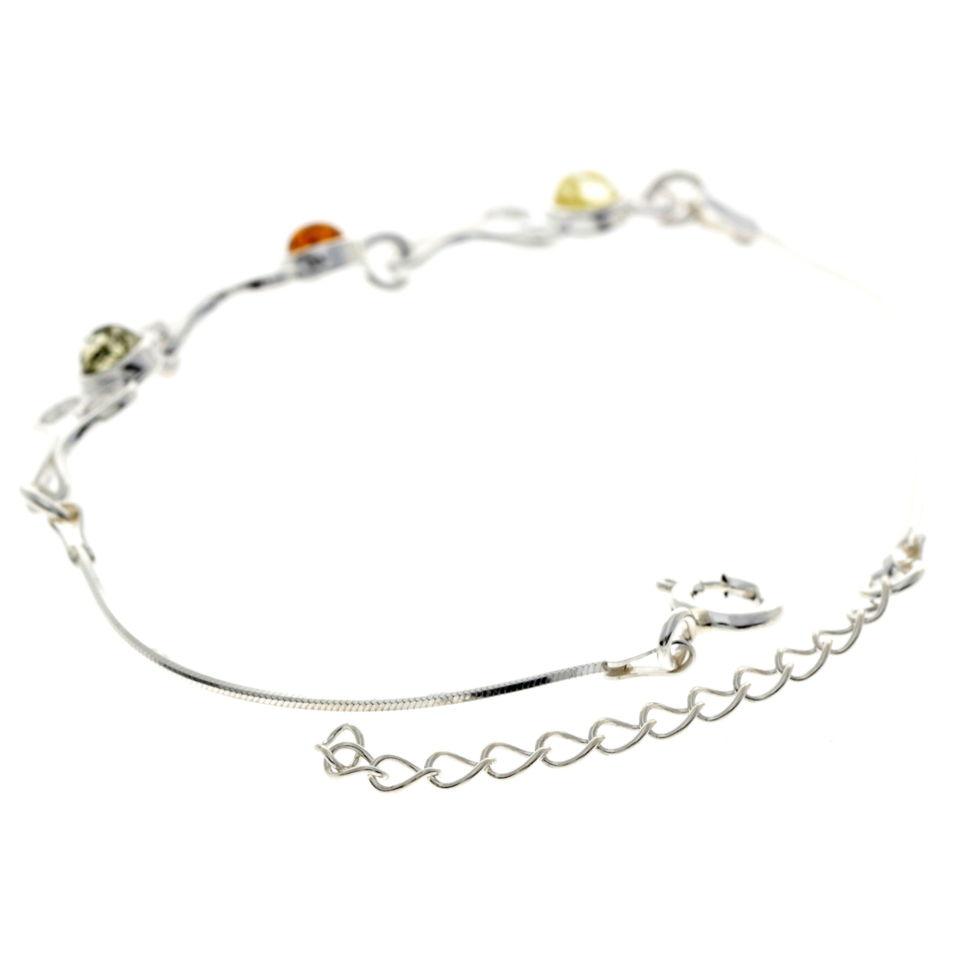 925 Sterling Silver & Baltic Amber Adjustable Bracelet with Silver Hearts - M569