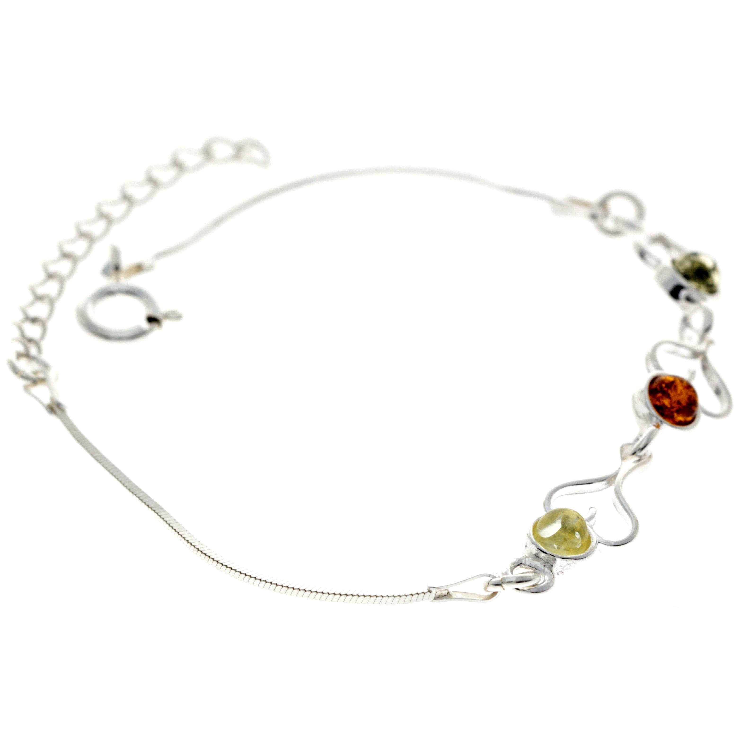 925 Sterling Silver & Baltic Amber Adjustable Bracelet with Silver Hearts - M569