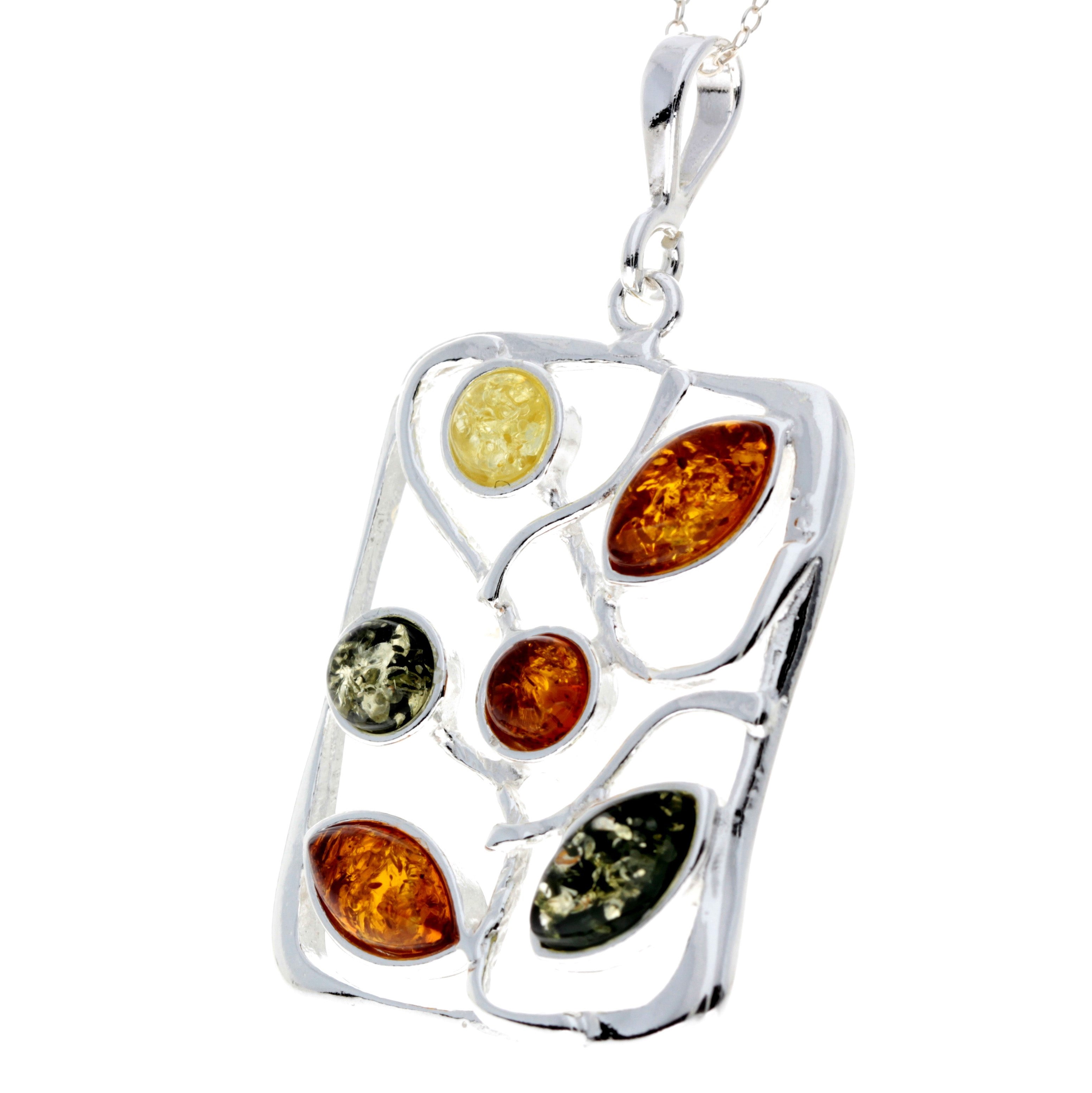 925 Sterling Silver & Genuine Baltic Amber 6 Stones Large Modern Pendant - M372