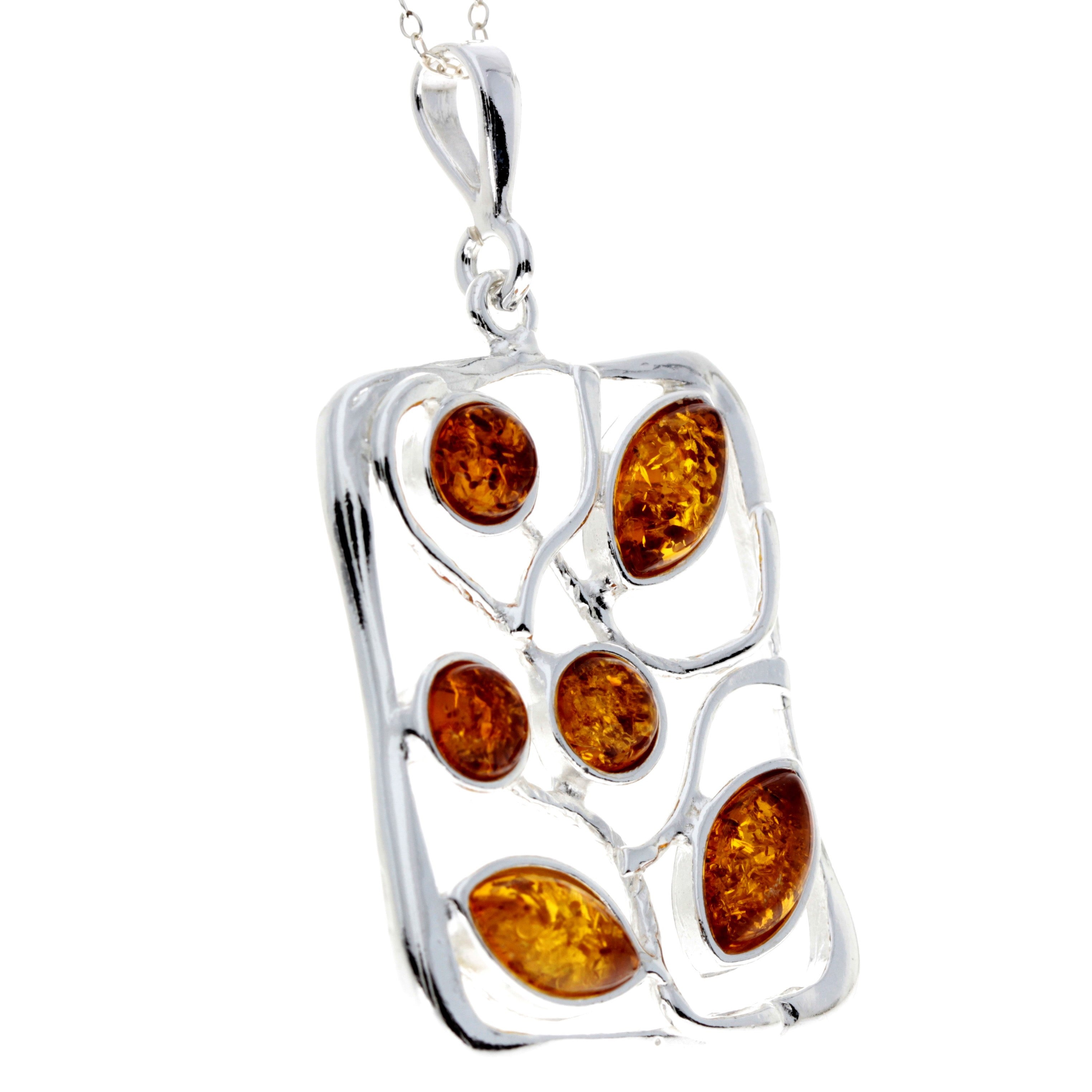 925 Sterling Silver & Genuine Baltic Amber 6 Stones Large Modern Pendant - M372