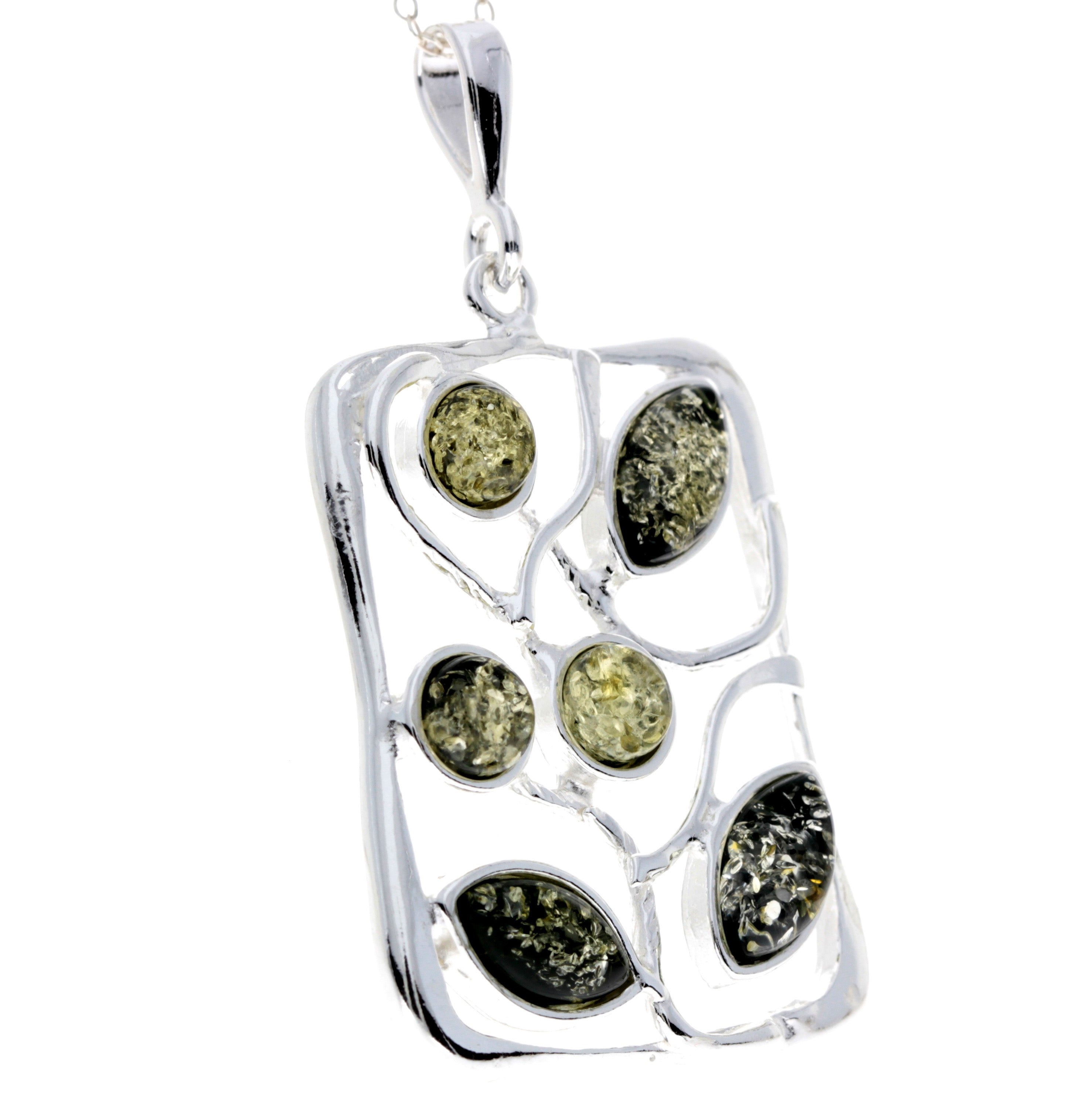 925 Sterling Silver & Genuine Baltic Amber 6 Stones Large Modern Pendant - M372