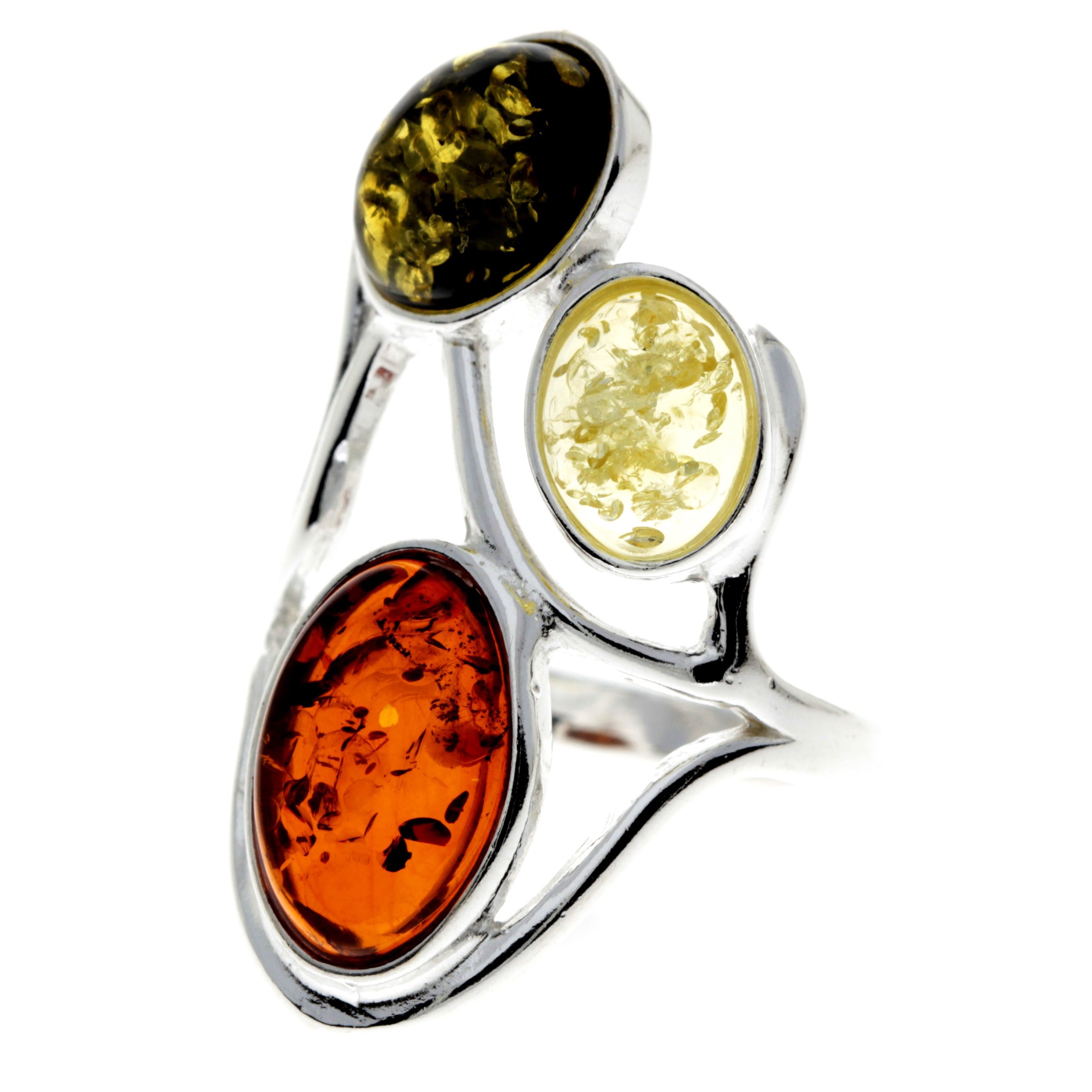 925 Sterling Silver & Baltic Amber 3 Stone Large Classic Ring - 7175