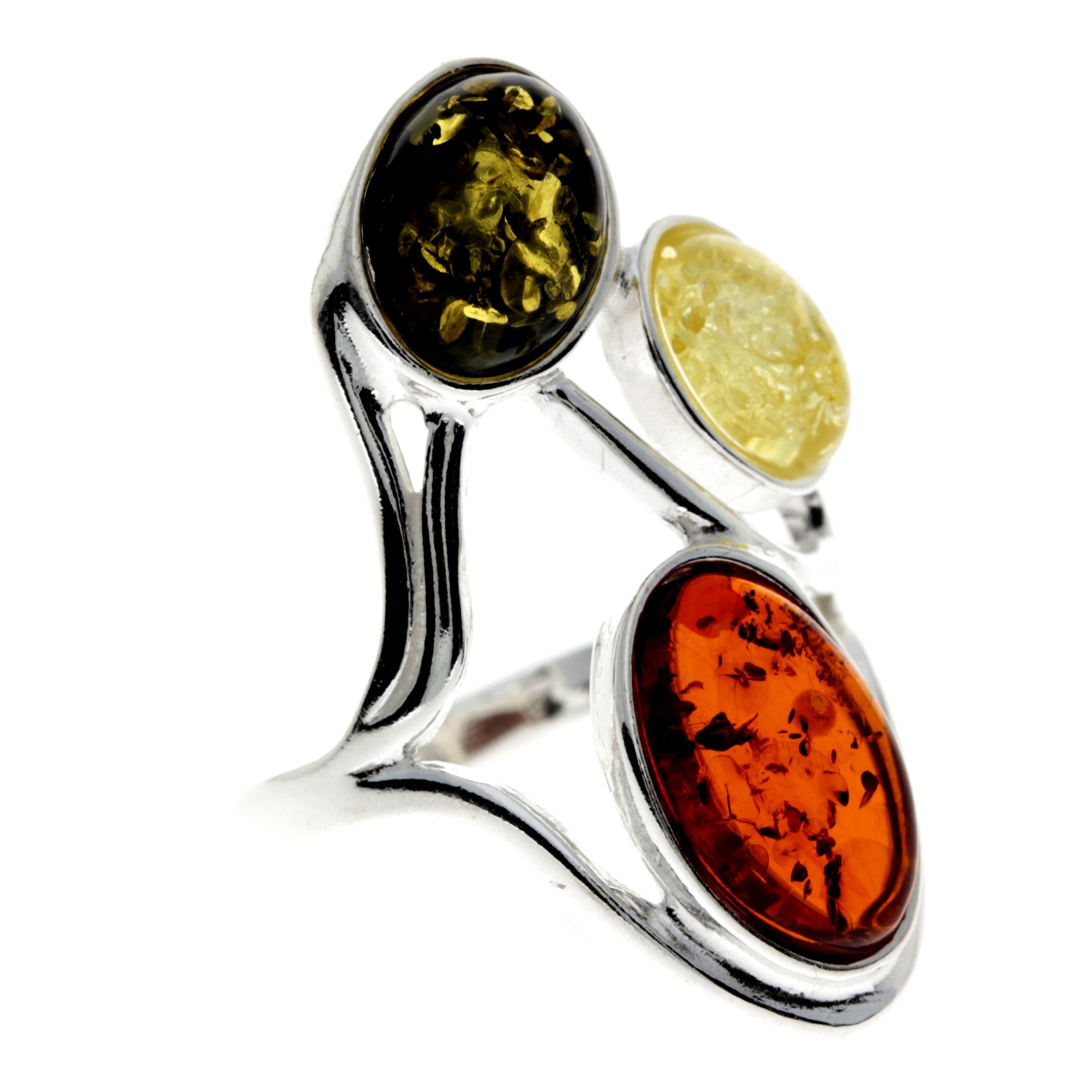 925 Sterling Silver & Baltic Amber 3 Stone Large Classic Ring - 7175