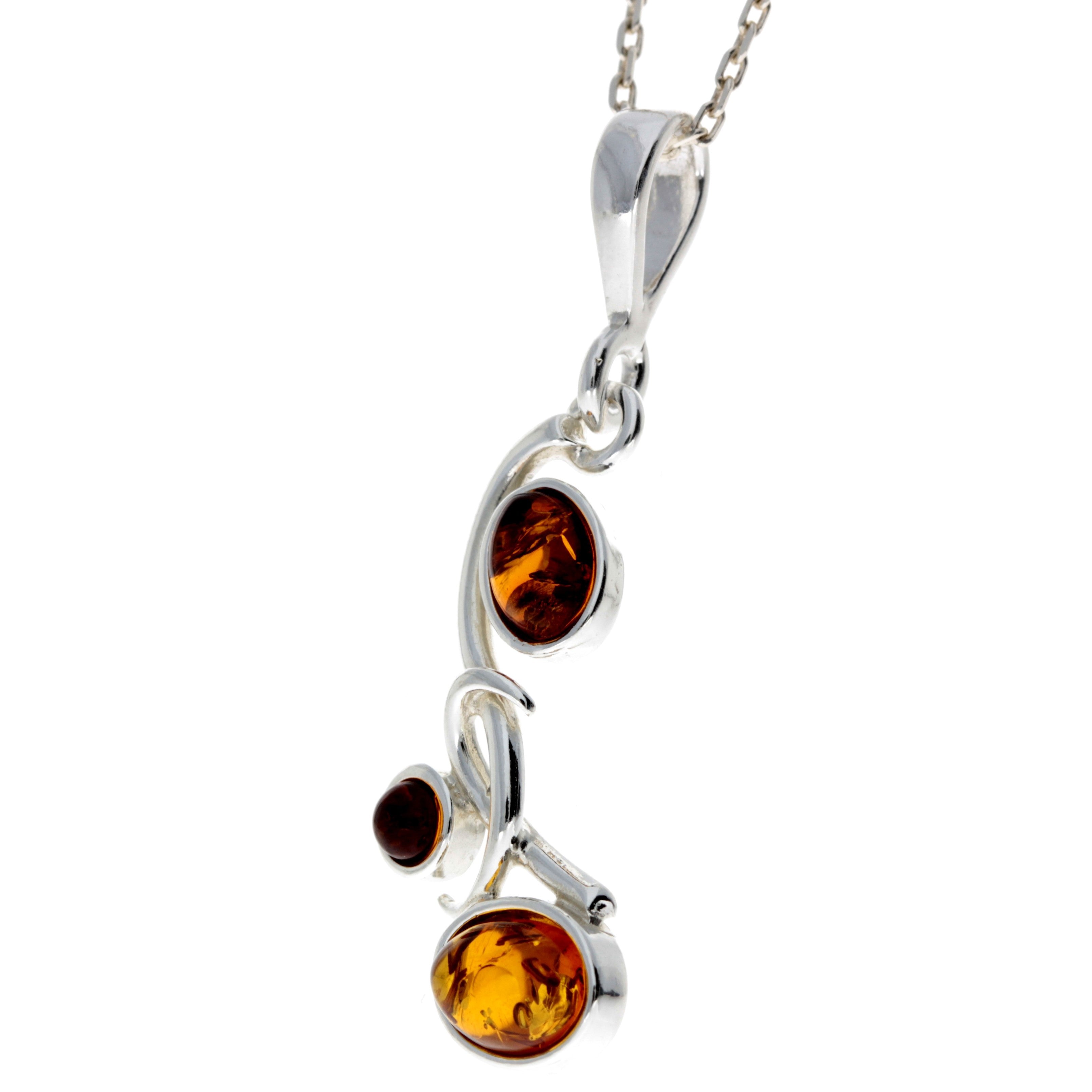 925 Sterling Silver & Baltic Amber Modern 3 Stone Pendant - M374