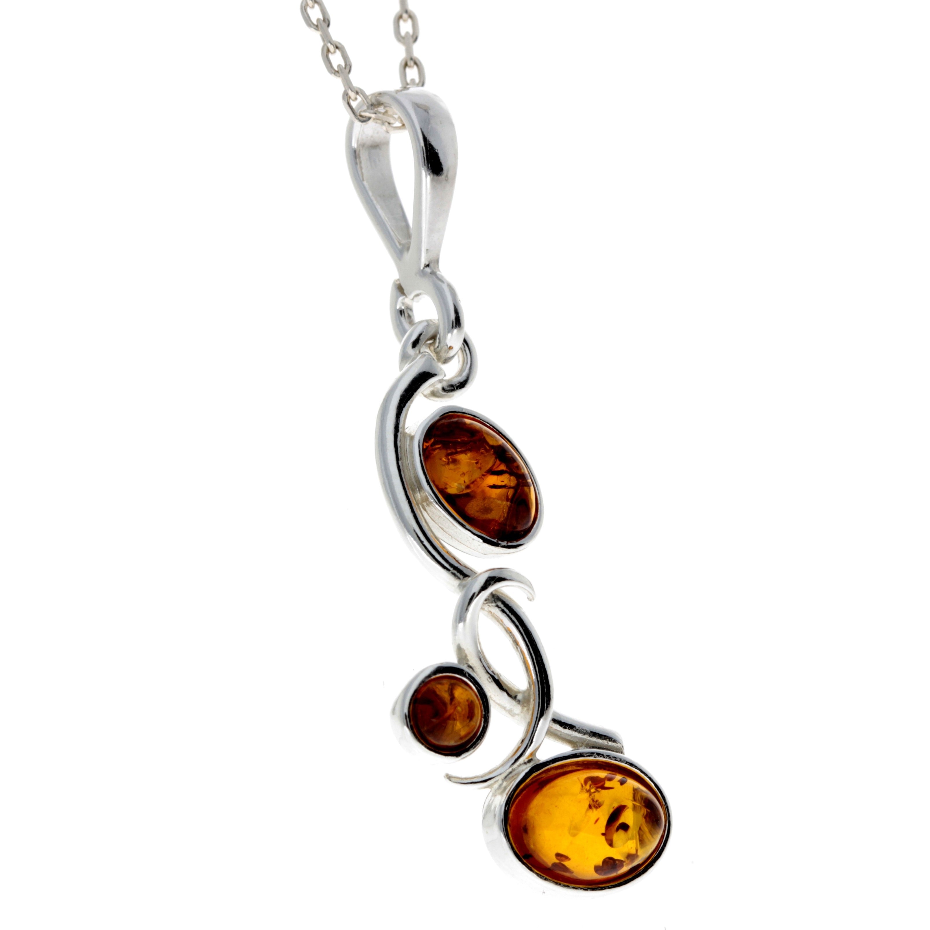 925 Sterling Silver & Baltic Amber Modern 3 Stone Pendant - M374