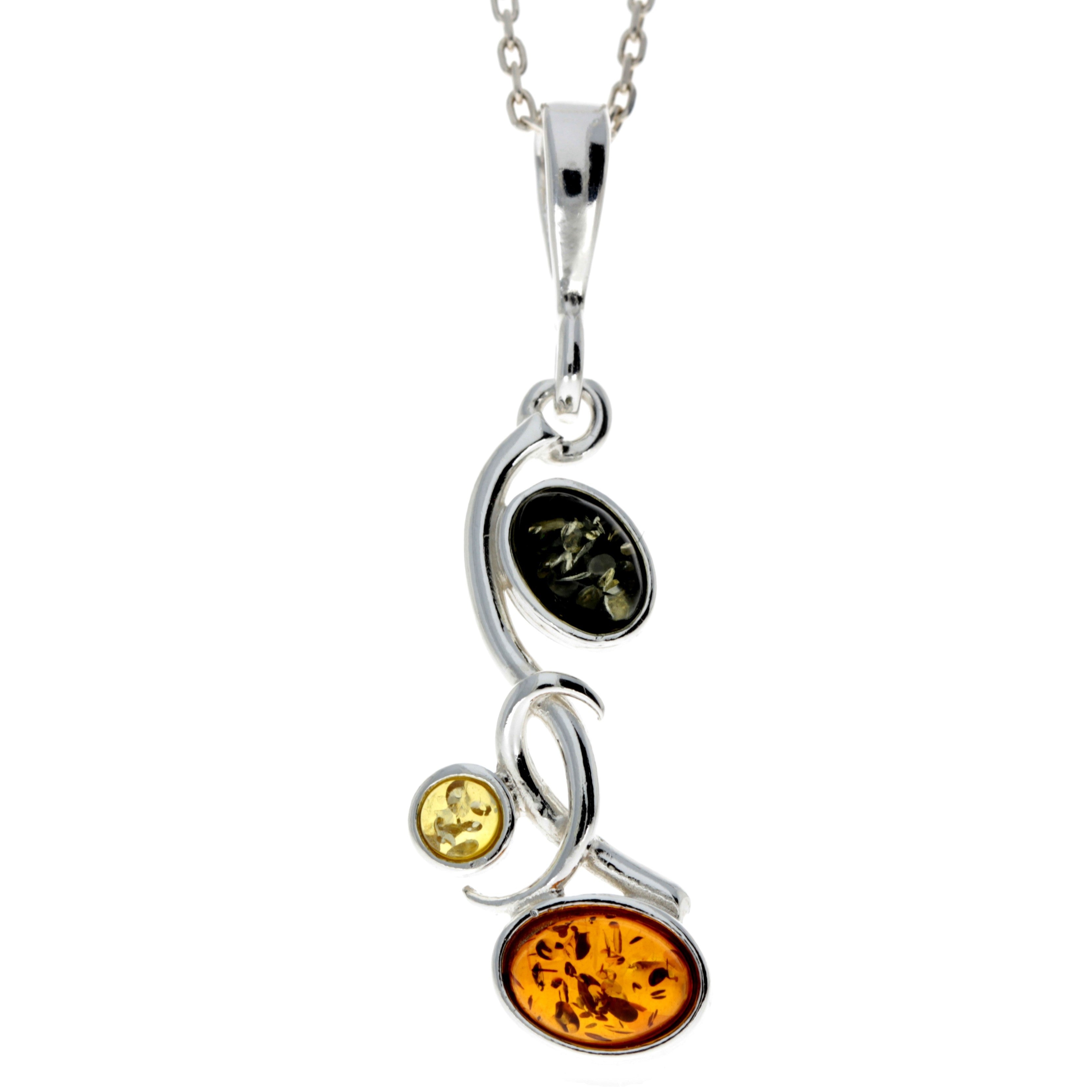 925 Sterling Silver & Baltic Amber Modern 3 Stone Pendant - M374