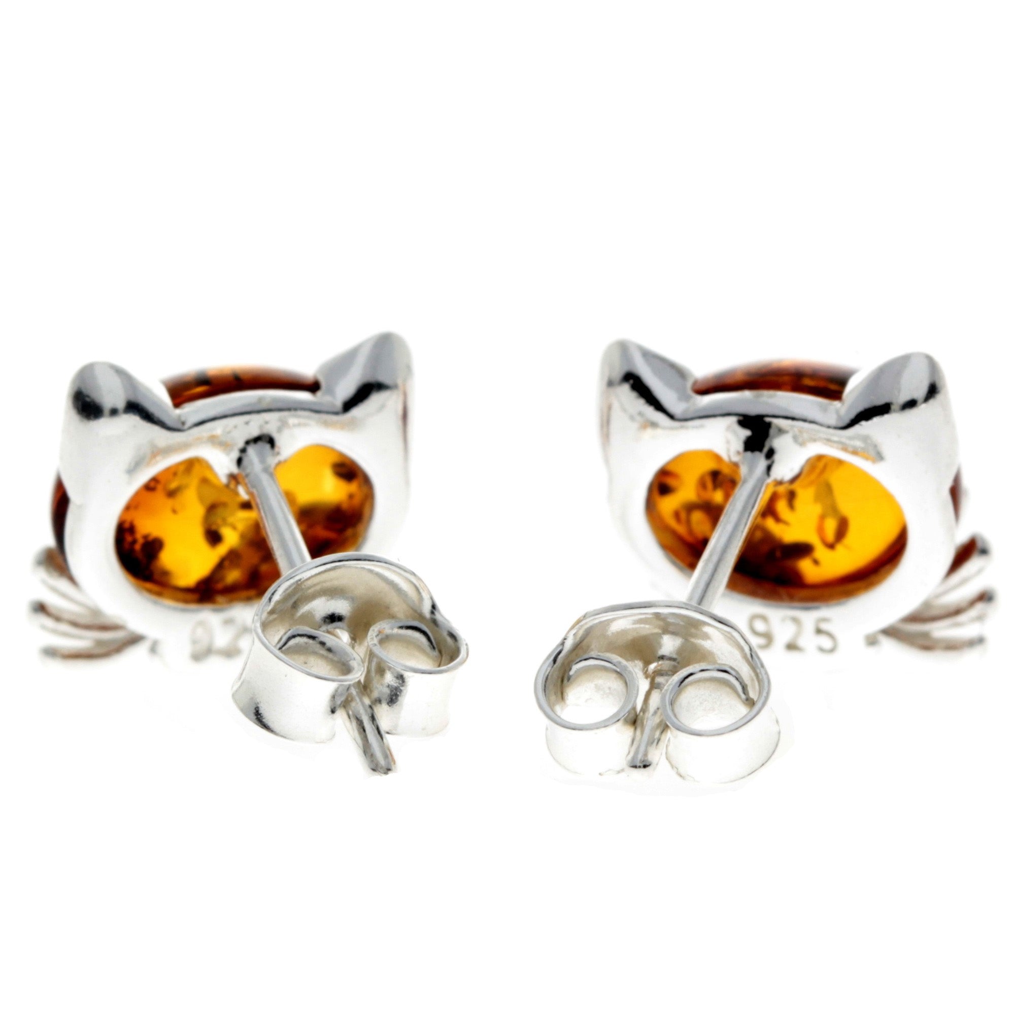 925 Sterling Silver & Baltic Amber Cute Cats Studs Earrings - GL192