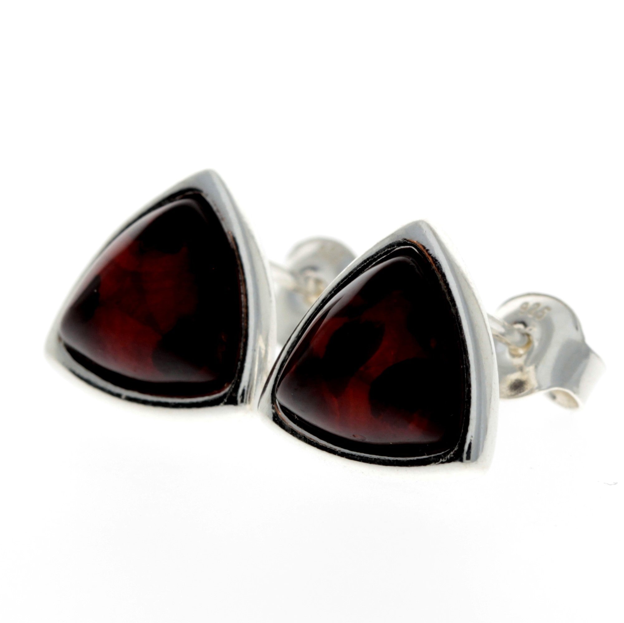 925 Sterling Silver & Genuine Baltic Amber Triangle Modern Studs Earrings - GL031