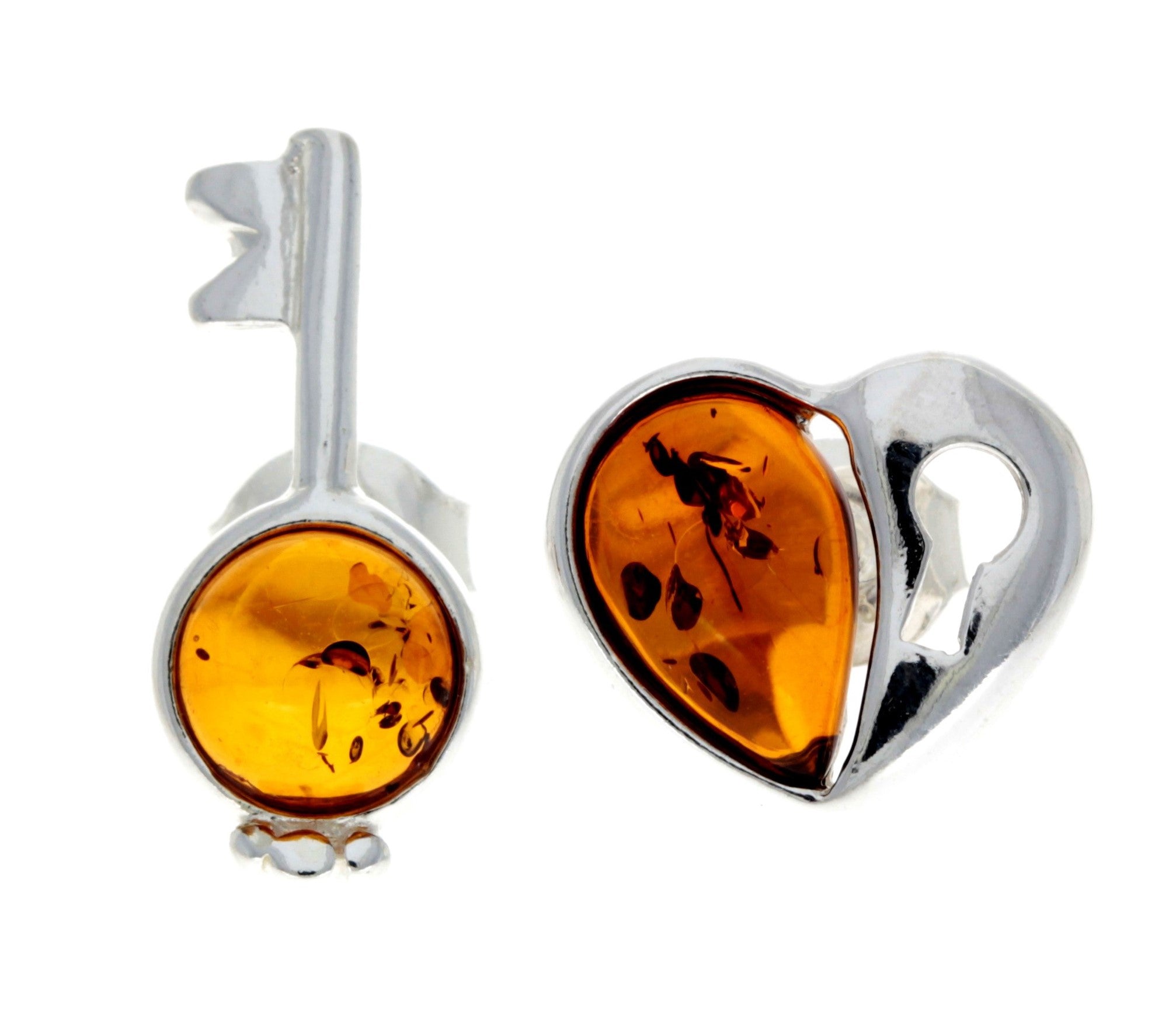 925 Sterling Silver & Baltic Amber Key & Heart Studs Earrings - GL195