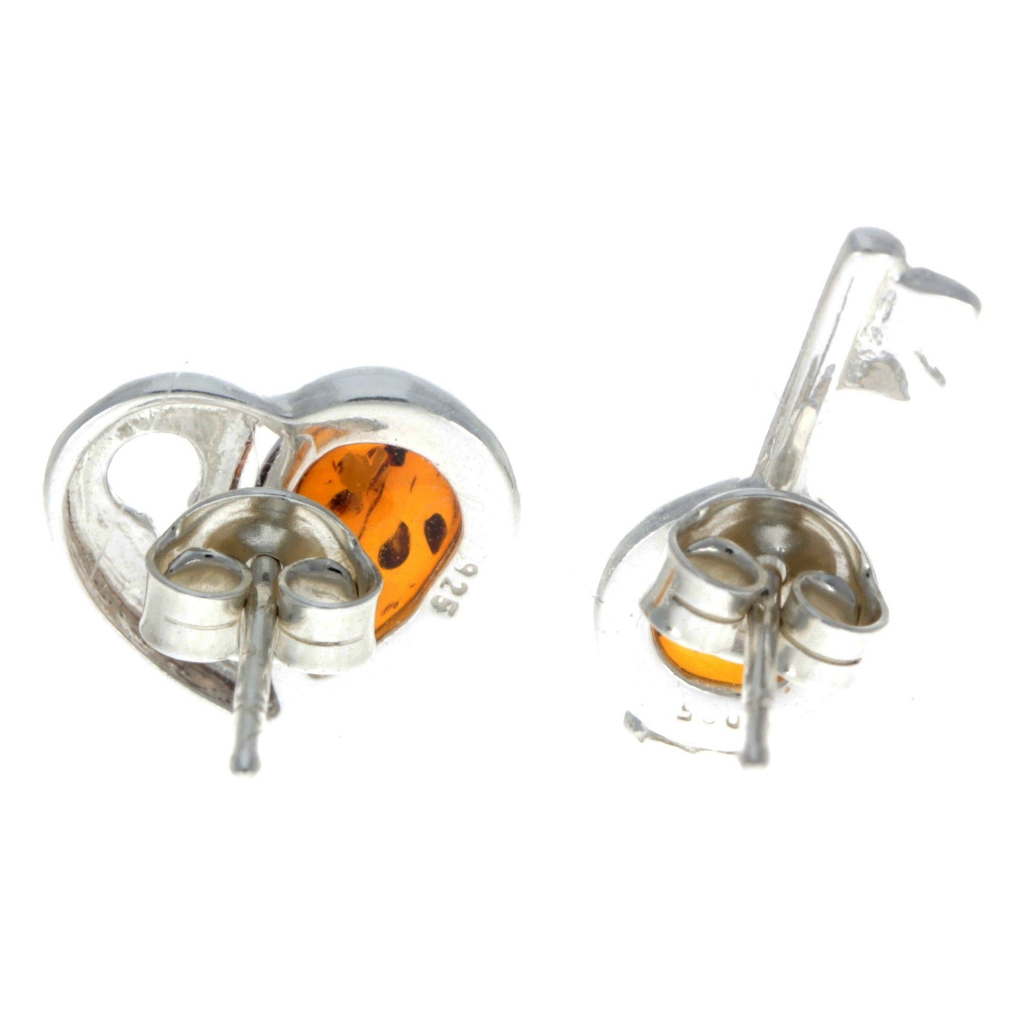 925 Sterling Silver & Baltic Amber Key & Heart Studs Earrings - GL195