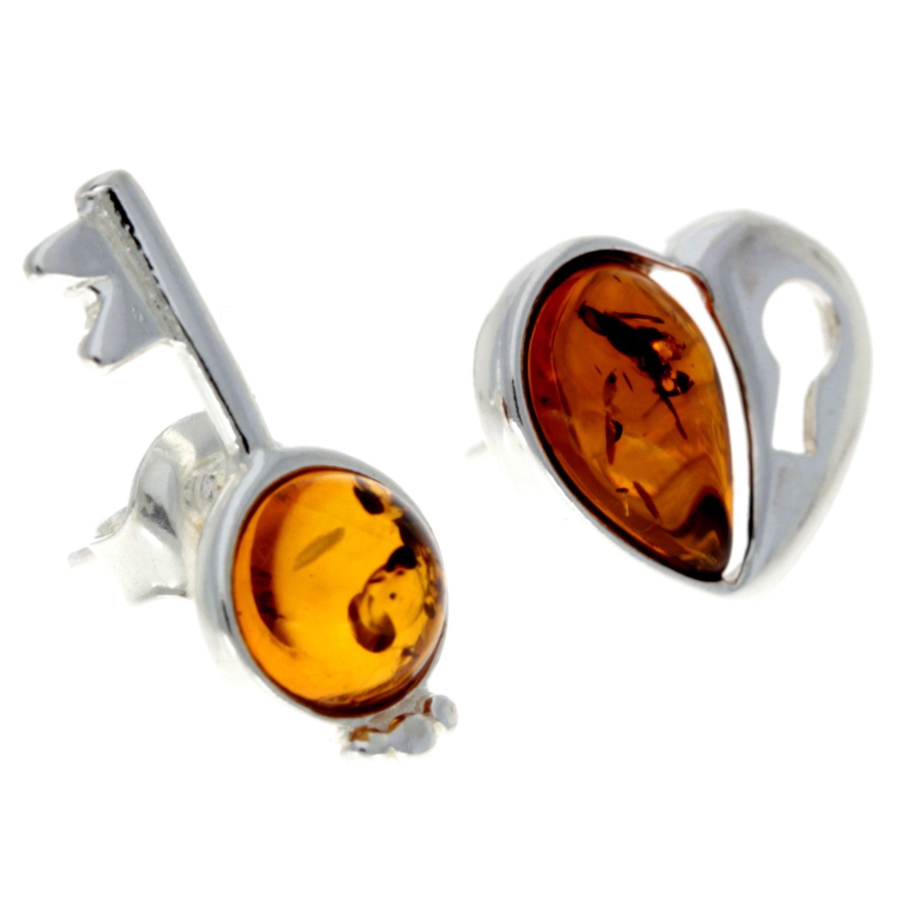 925 Sterling Silver & Baltic Amber Key & Heart Studs Earrings - GL195