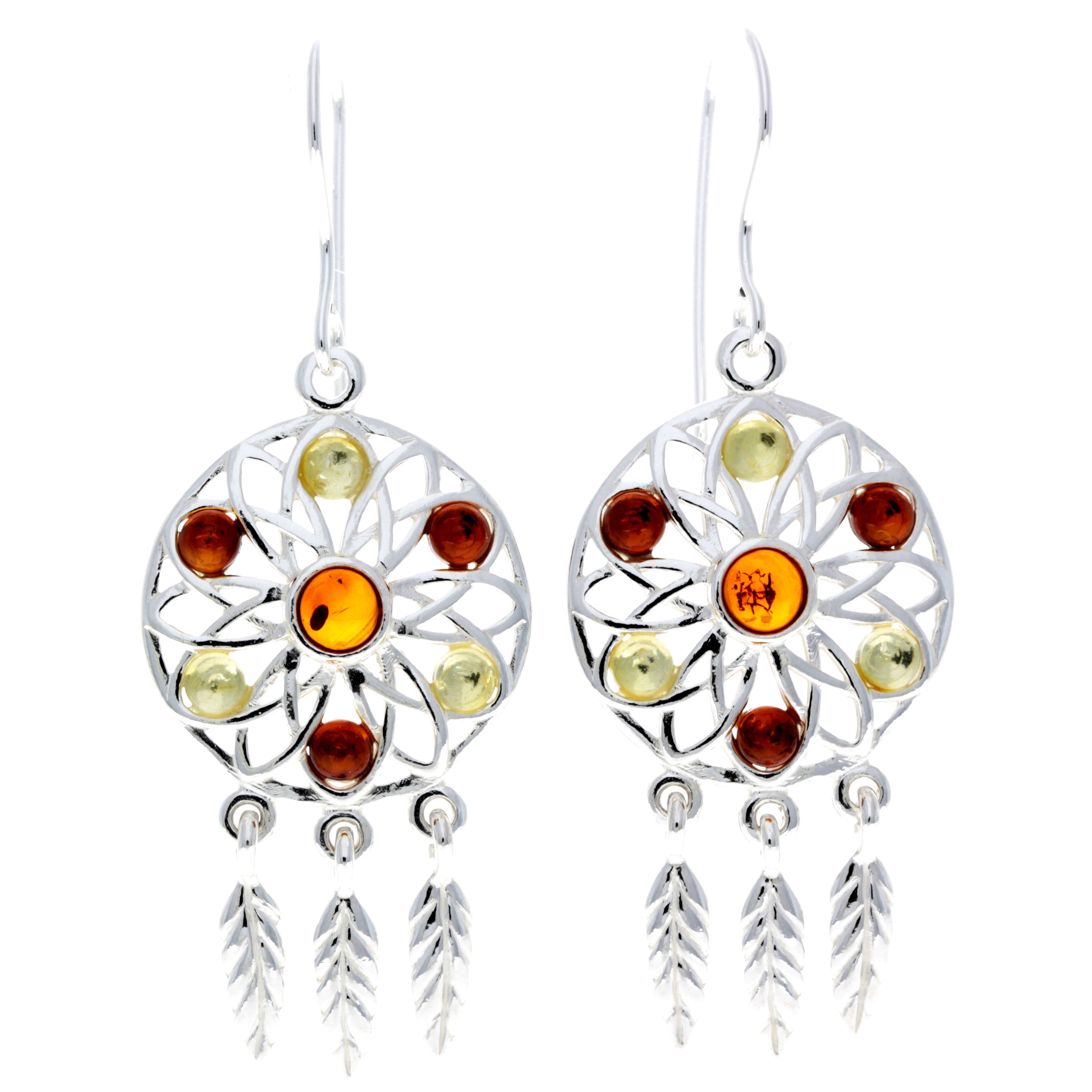 925 Sterling Silver & Genuine Baltic Amber Dream Catcher Earrings - GL197