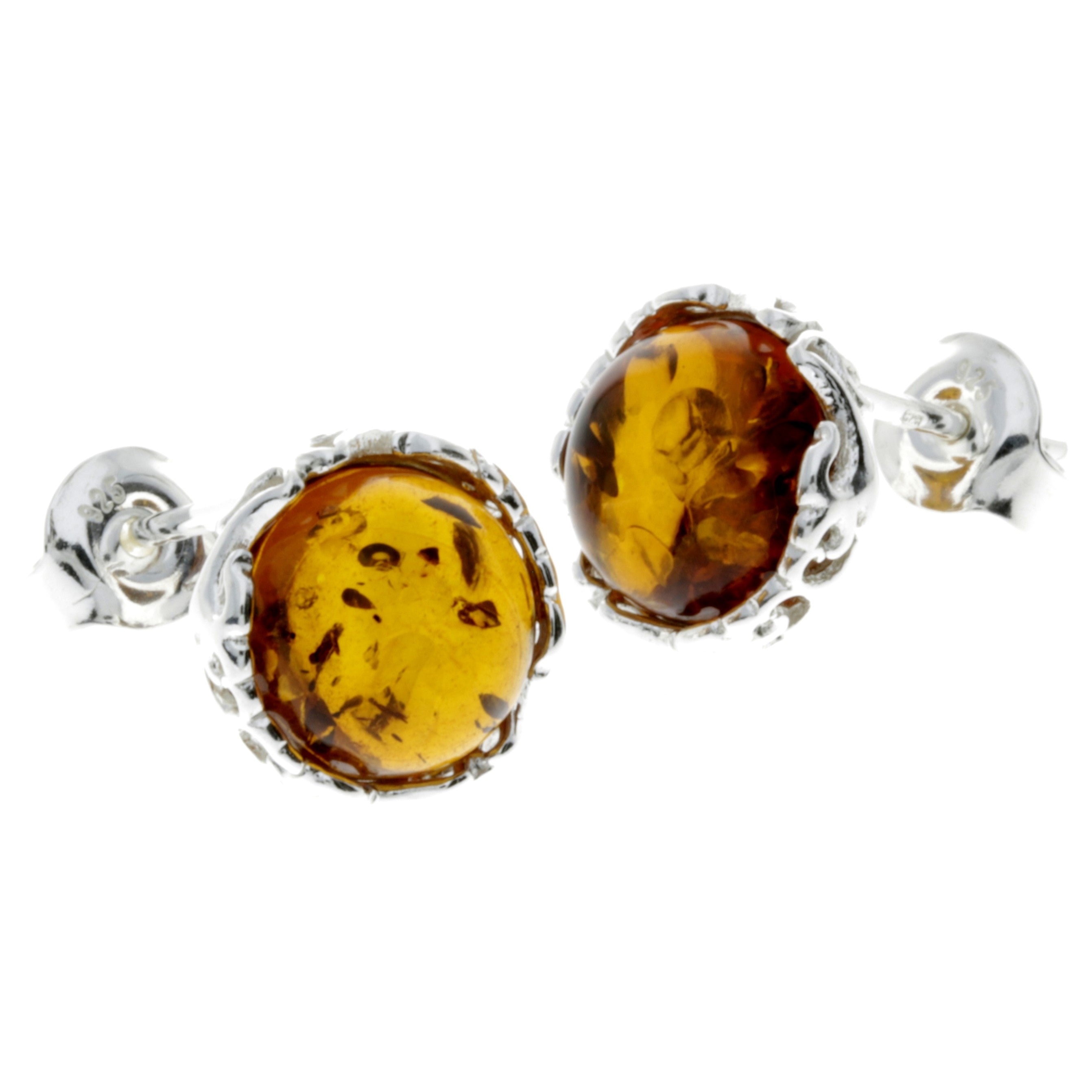 925 Sterling Silver & Genuine Baltic Amber Classic Round Studs Earrings - M648