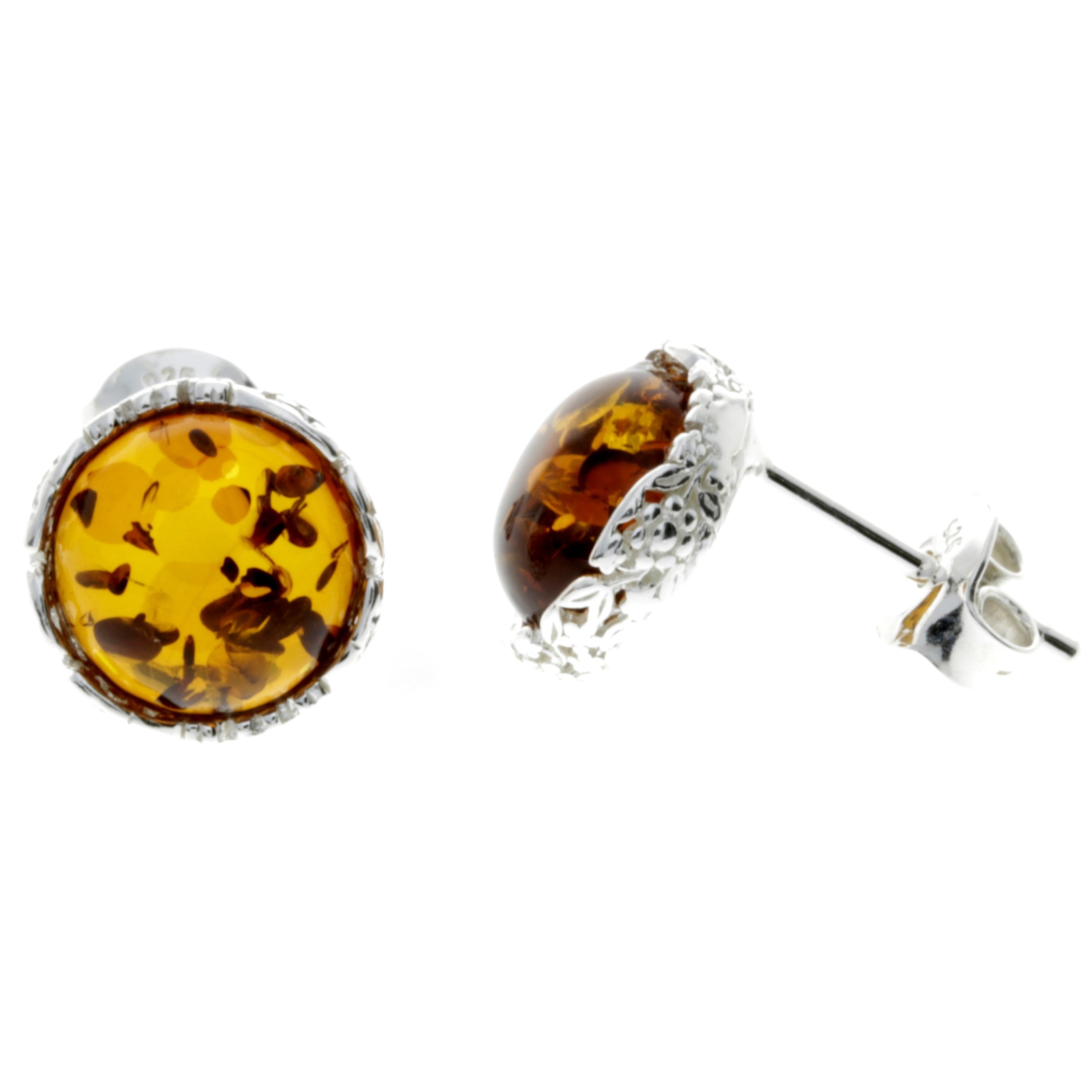 925 Sterling Silver & Genuine Baltic Amber Classic Round Studs Earrings - M649