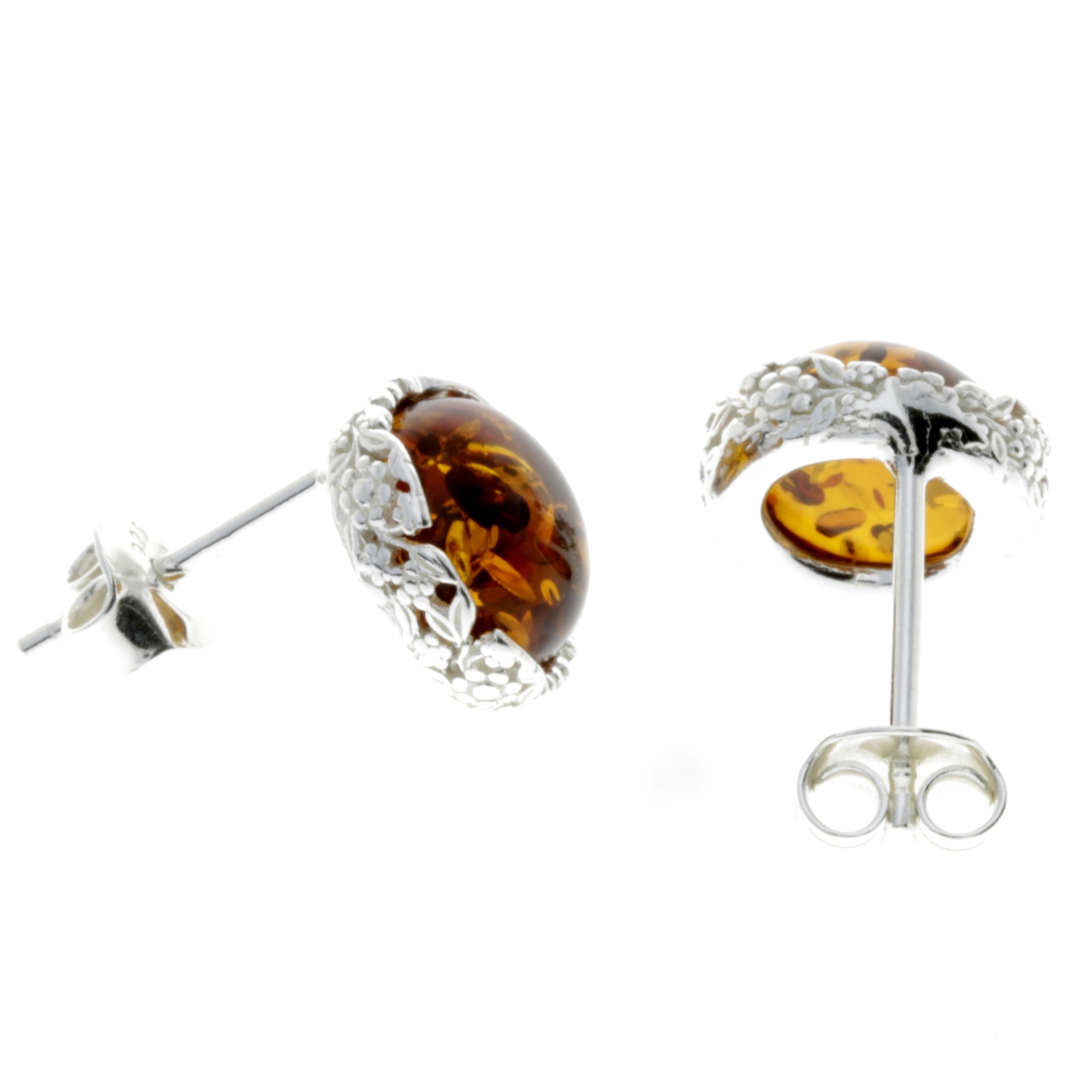 925 Sterling Silver & Genuine Baltic Amber Classic Round Studs Earrings - M649