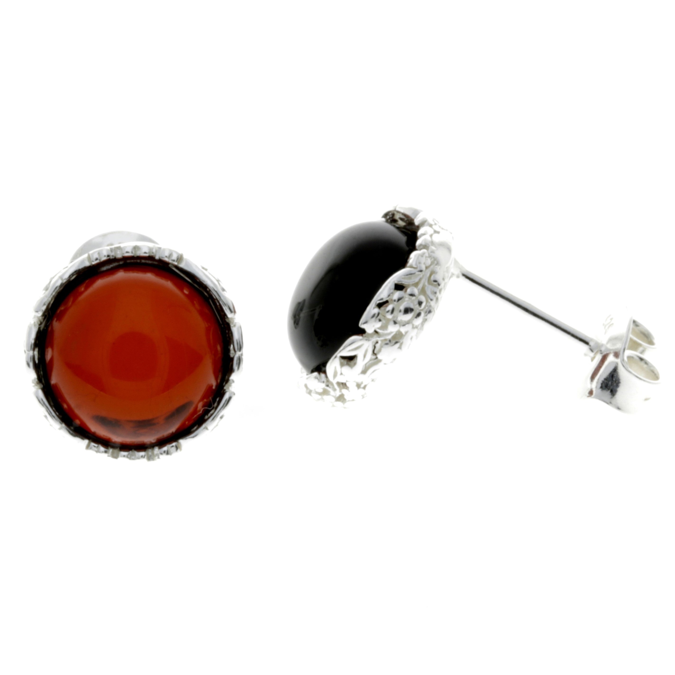 925 Sterling Silver & Genuine Baltic Amber Classic Round Studs Earrings - M649