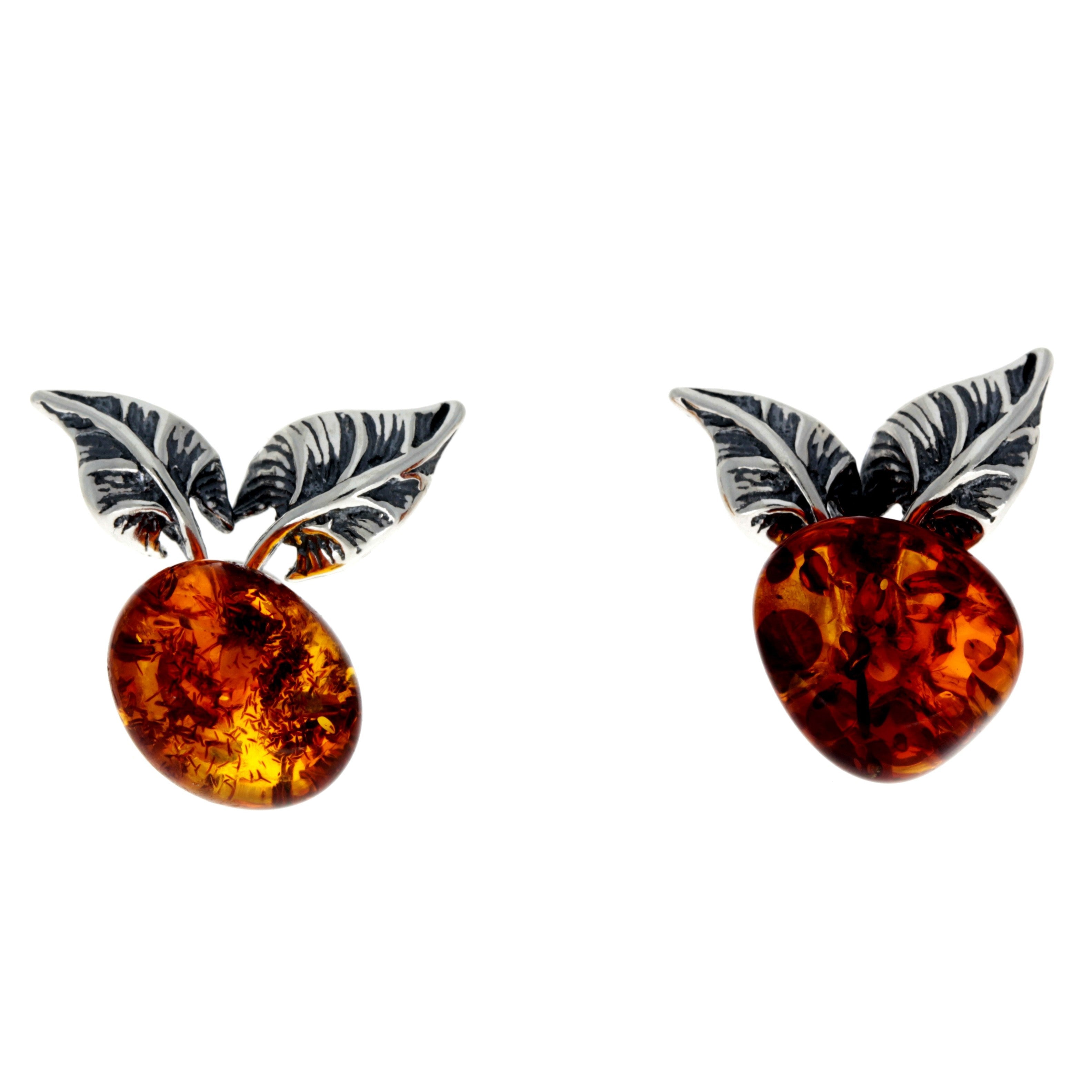 925 Sterling Silver & Genuine Baltic Amber Leafs Studs Earrings - GL080