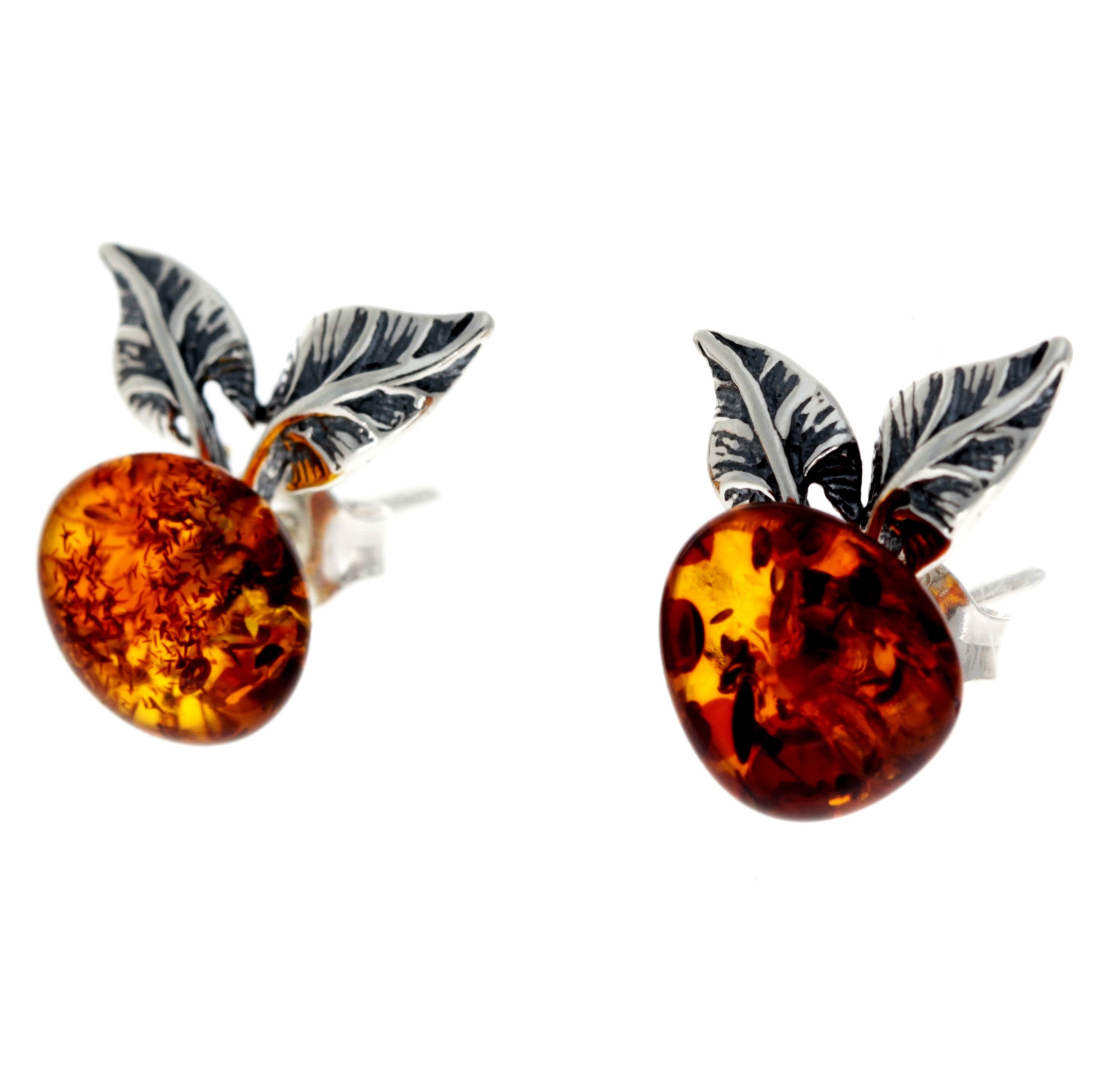 925 Sterling Silver & Genuine Baltic Amber Leafs Studs Earrings - GL080