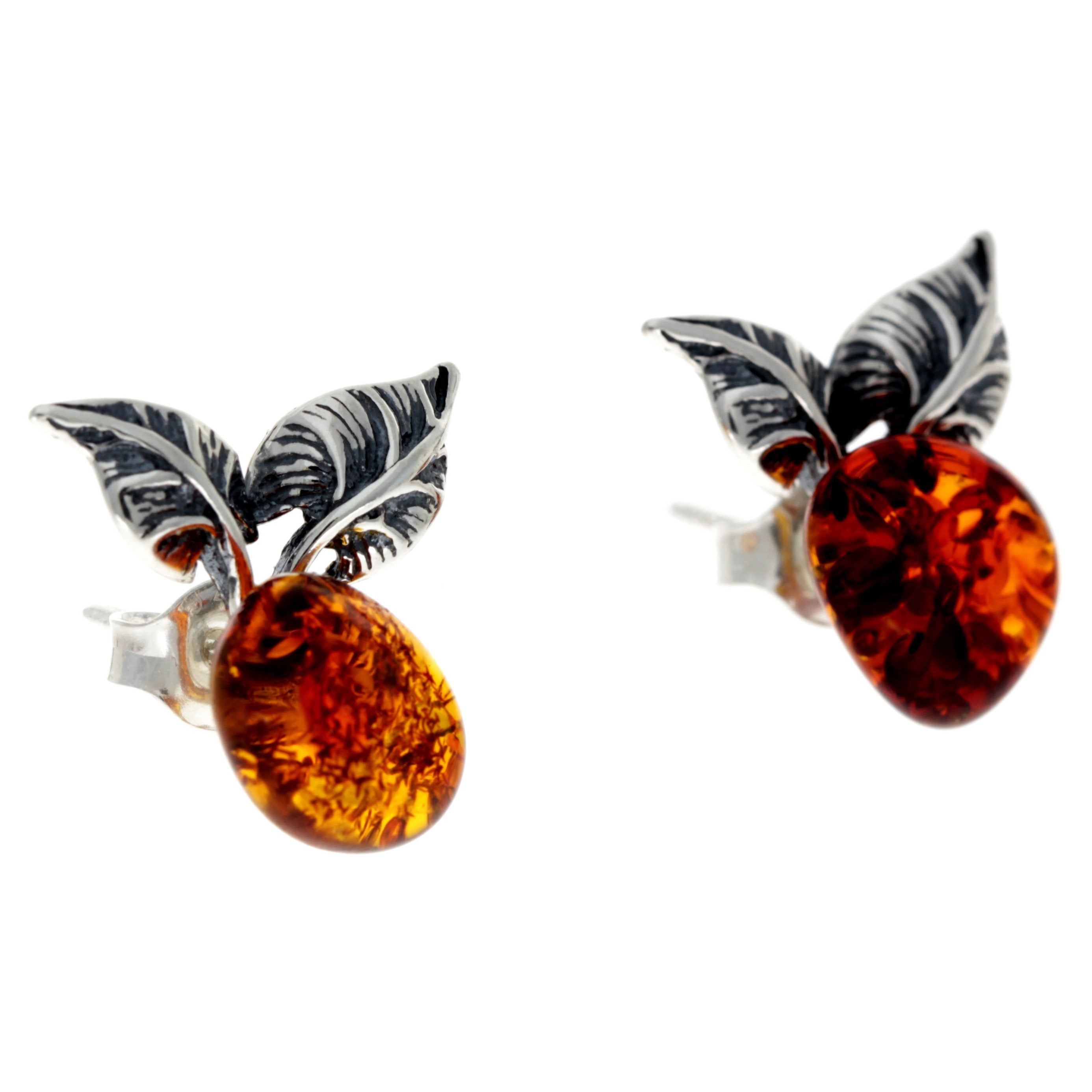 925 Sterling Silver & Genuine Baltic Amber Leafs Studs Earrings - GL080