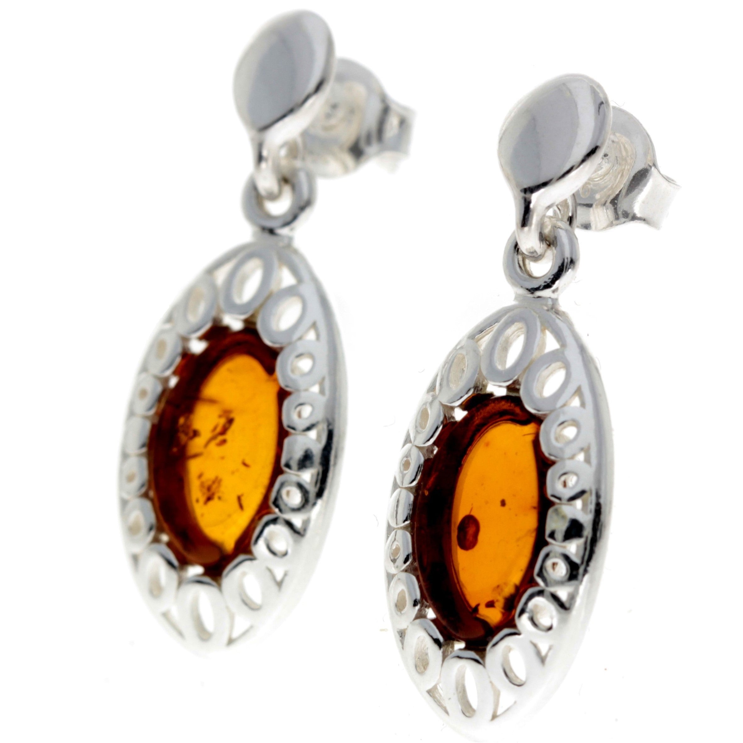 925 Sterling Silver & Genuine Oval Baltic Amber Drop Modern Earrings - GL194