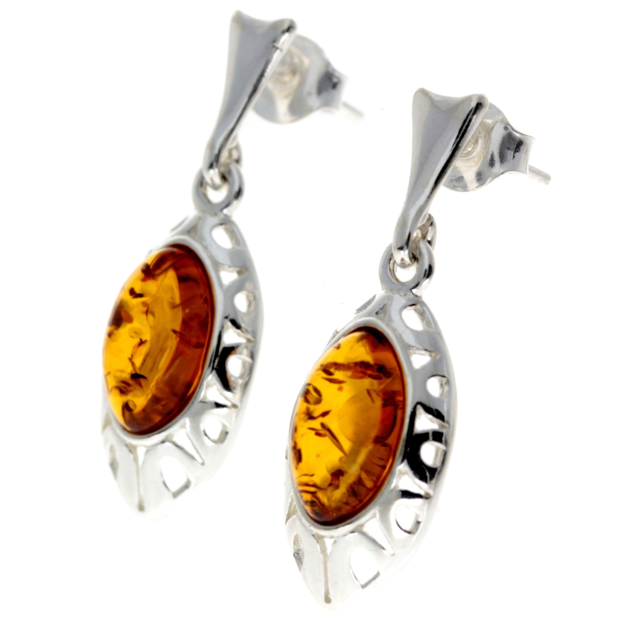 925 Sterling Silver & Baltic Amber Drop Modern Earrings - GL191