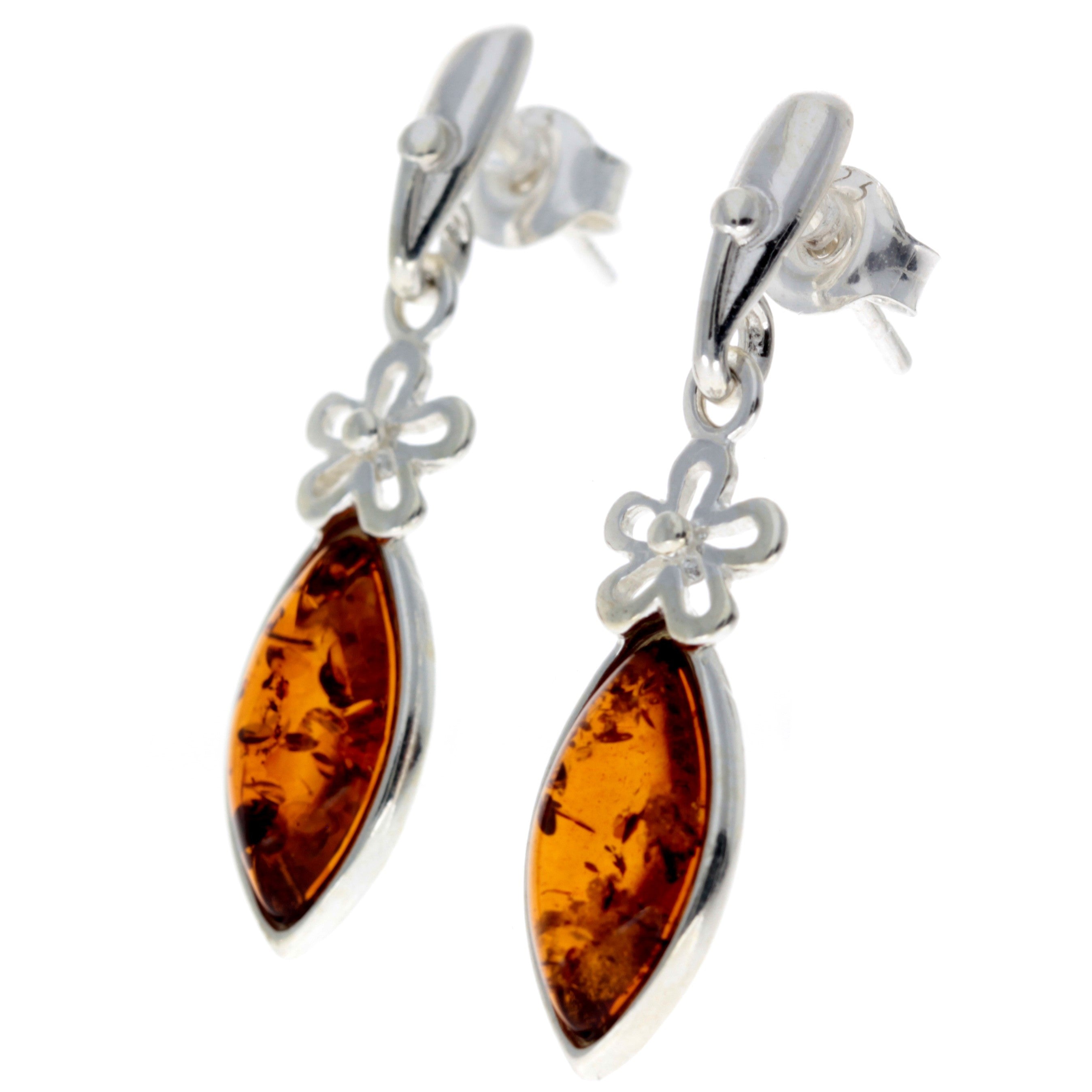 925 Sterling Silver & Genuine Baltic Amber Drop Classic Earrings - GL182