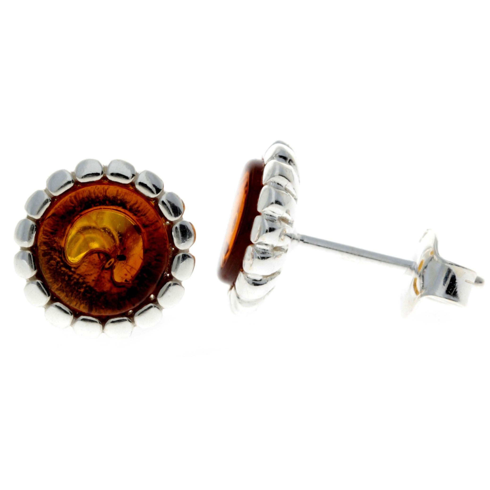 925 Sterling Silver & Genuine Baltic Amber Round Studs Earrings - GL181