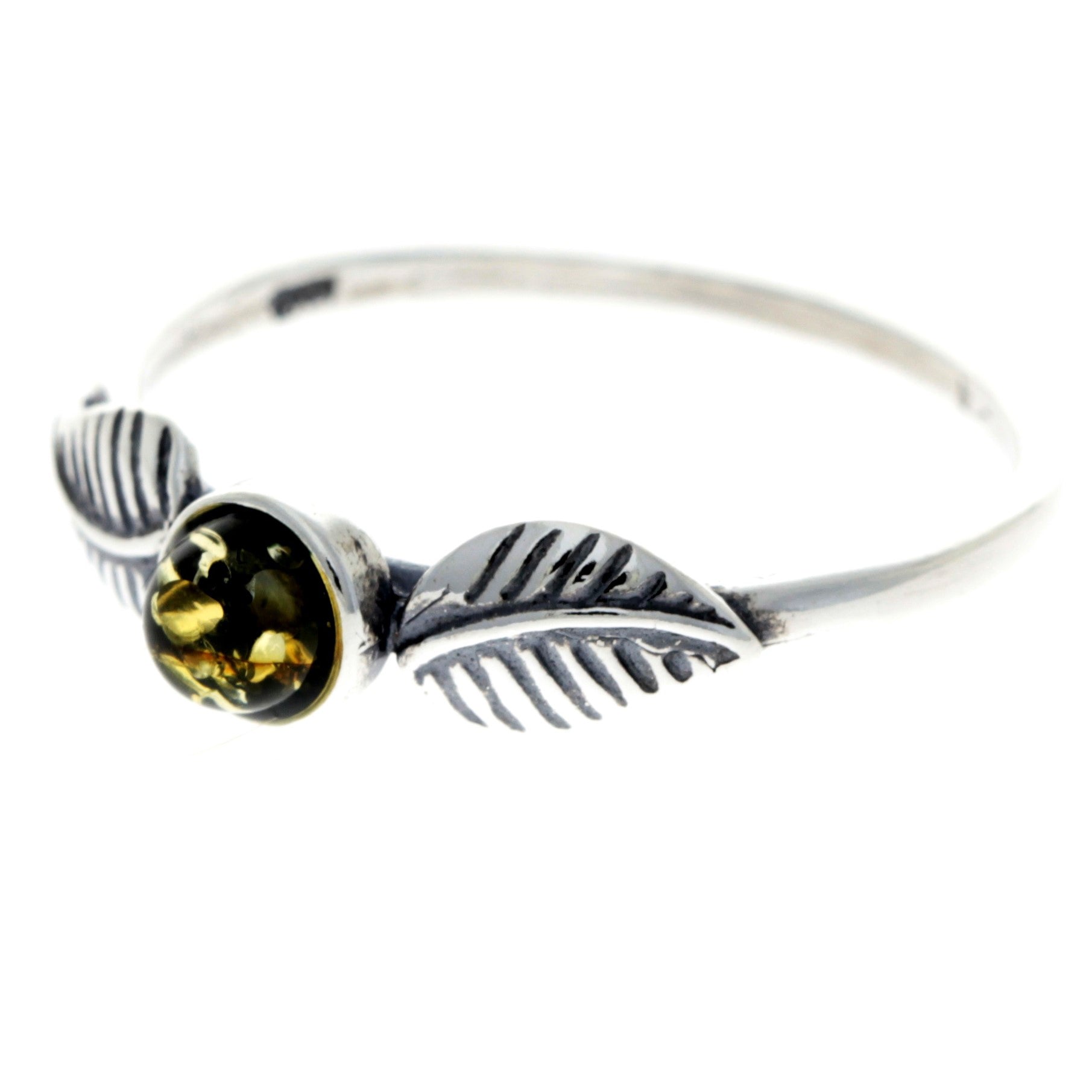 925 Sterling Silver & Genuine Baltic Amber Round Classic Ring with Leafs - AR6