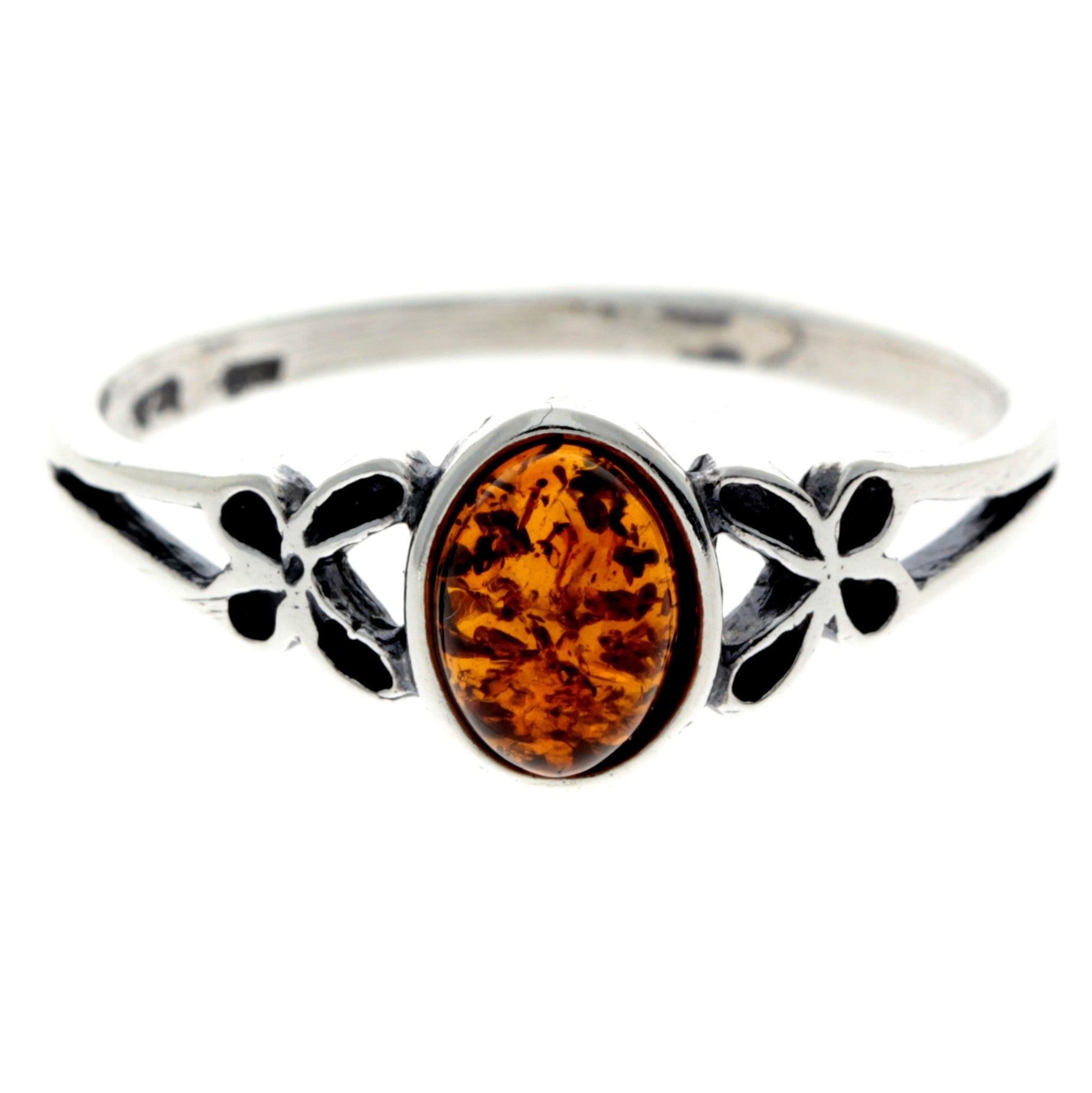 925 Sterling Silver & Genuine Oval Baltic Amber Ring with Butterfly - AR7