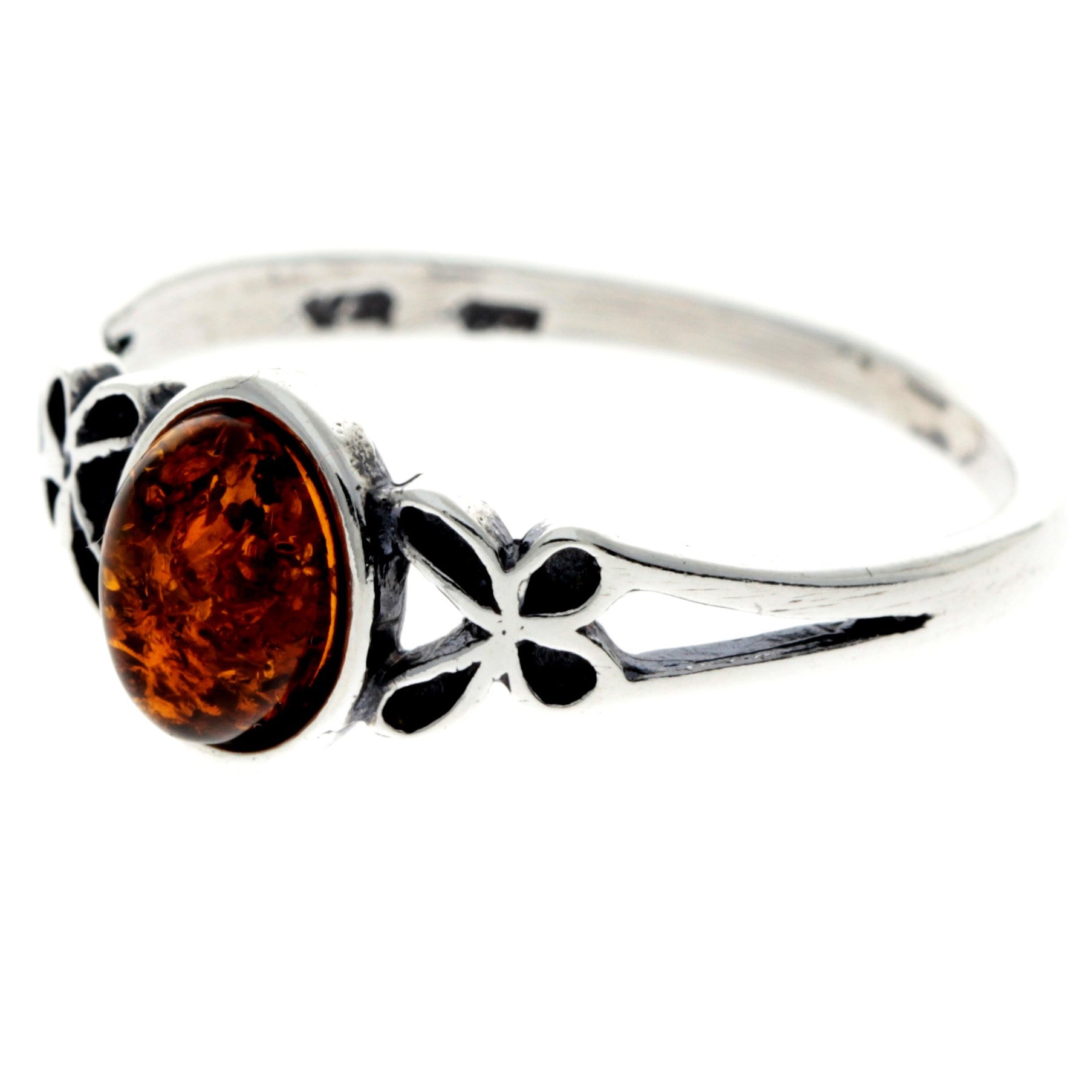 925 Sterling Silver & Genuine Oval Baltic Amber Ring with Butterfly - AR7