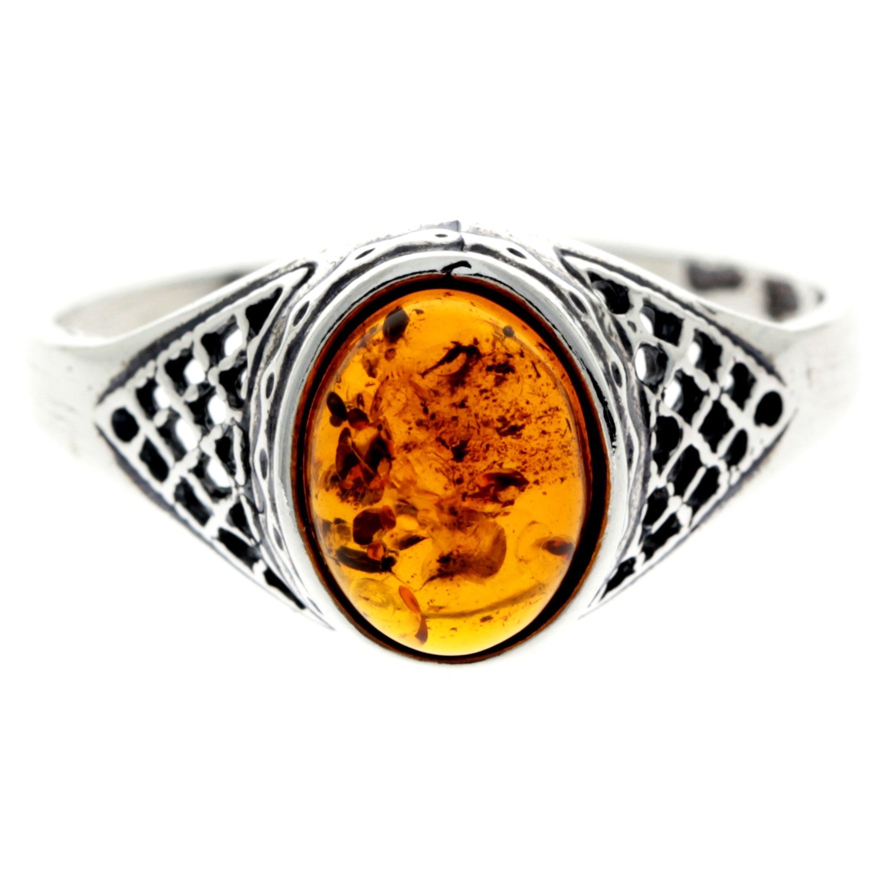 925 Sterling Silver & Genuine Baltic Amber Oval Celtic Ring - AR8