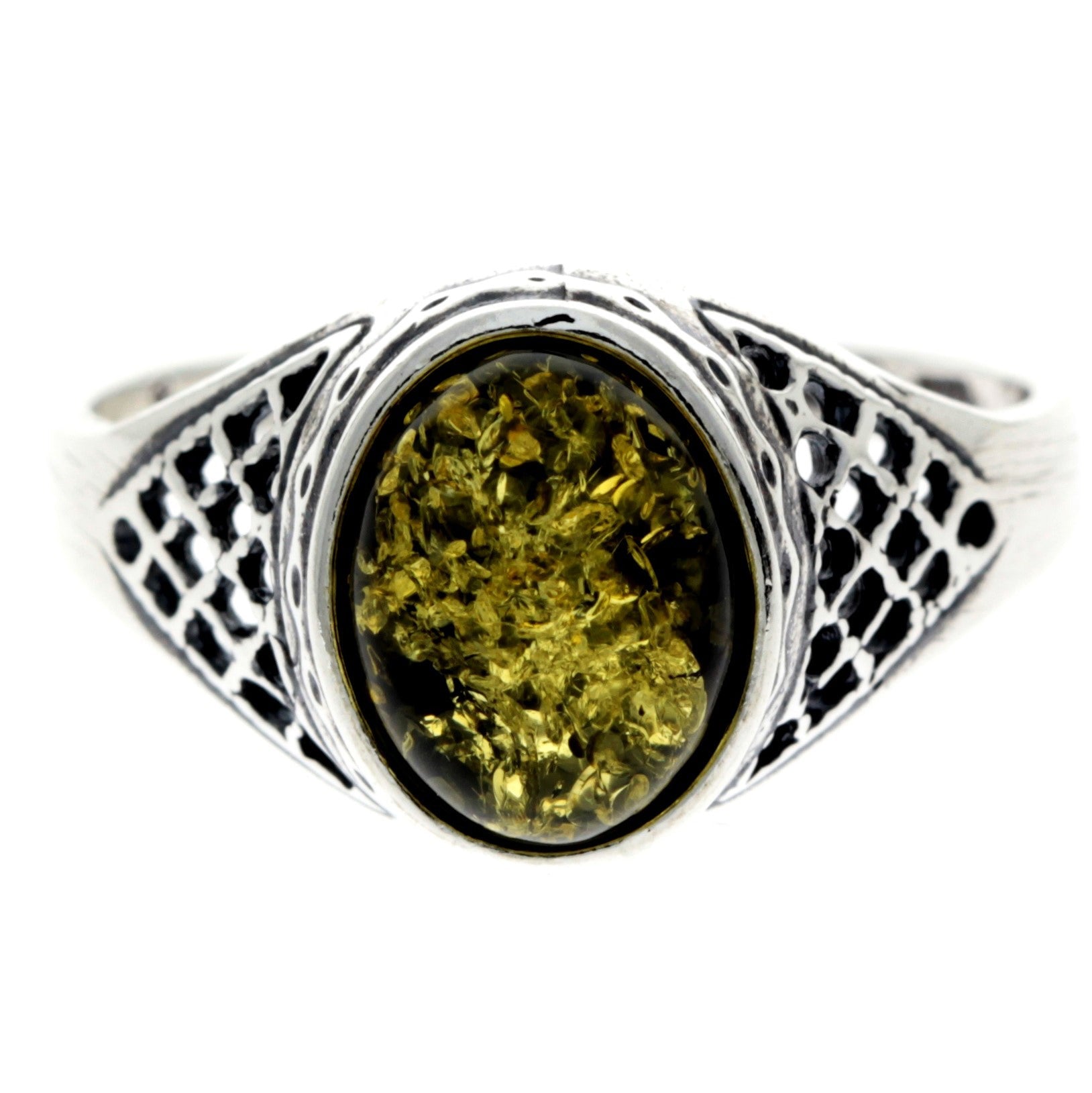 925 Sterling Silver & Genuine Baltic Amber Oval Celtic Ring - AR8