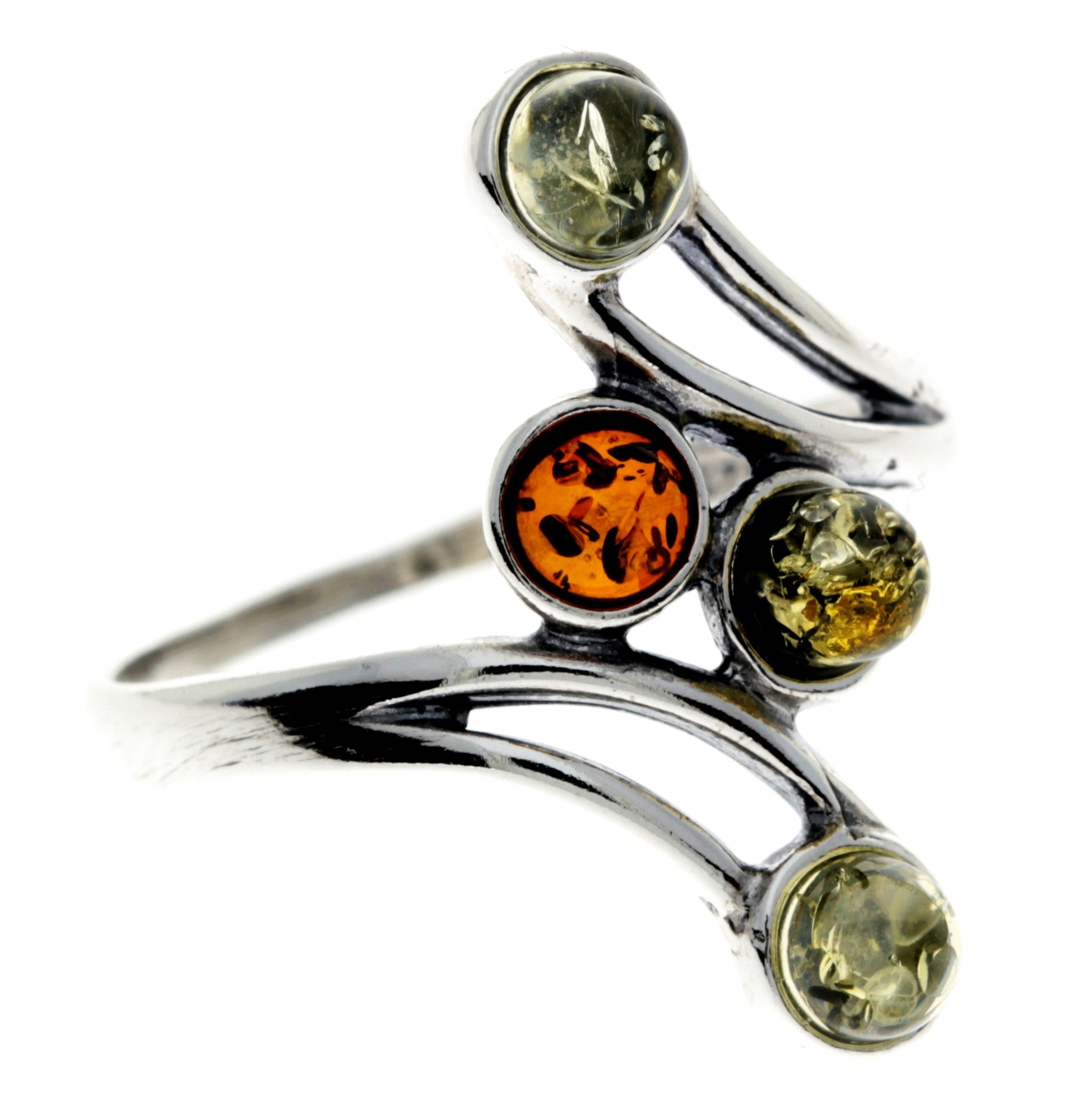 925 Sterling Silver & Genuine Baltic Amber Multi Stones Modern Ring - 7355