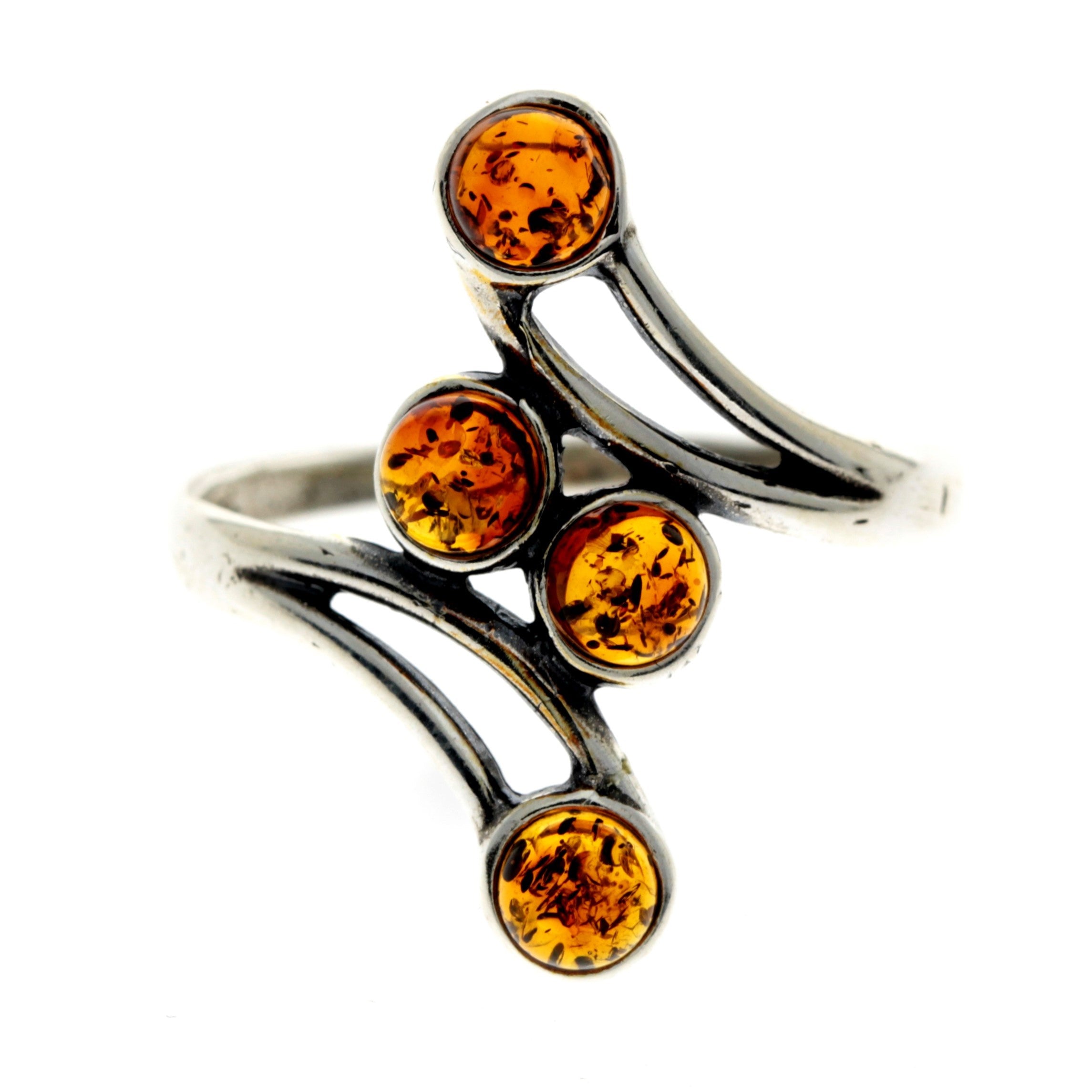 925 Sterling Silver & Genuine Baltic Amber Multi Stones Modern Ring - 7355