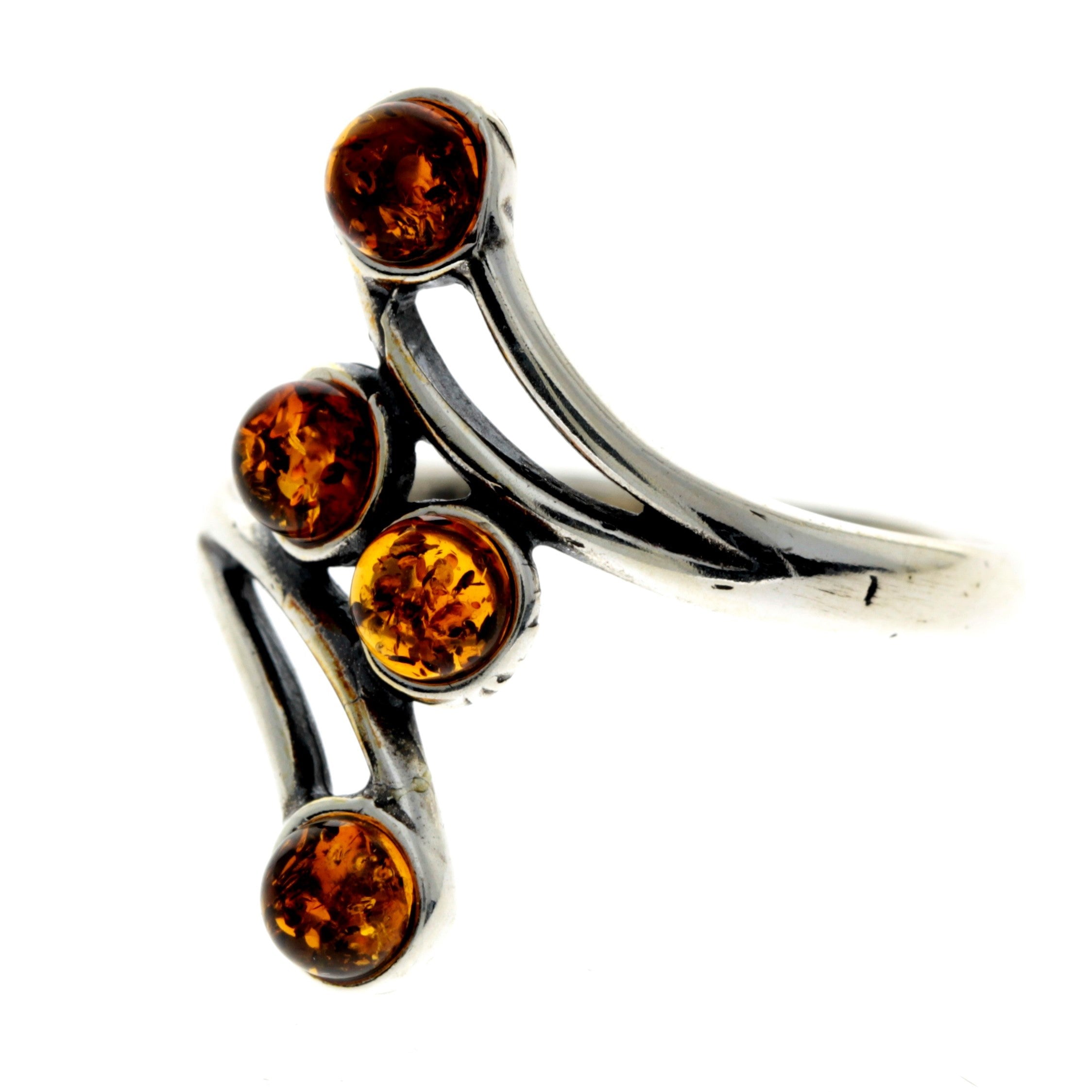 925 Sterling Silver & Genuine Baltic Amber Multi Stones Modern Ring - 7355