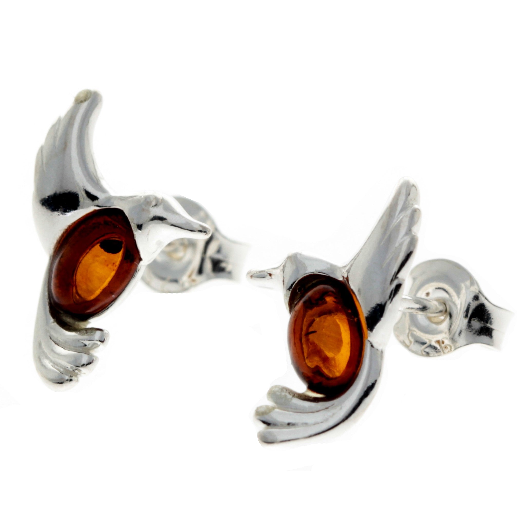 925 Sterling Silver & Genuine Baltic Amber Bird Studs Earrings - GL1002