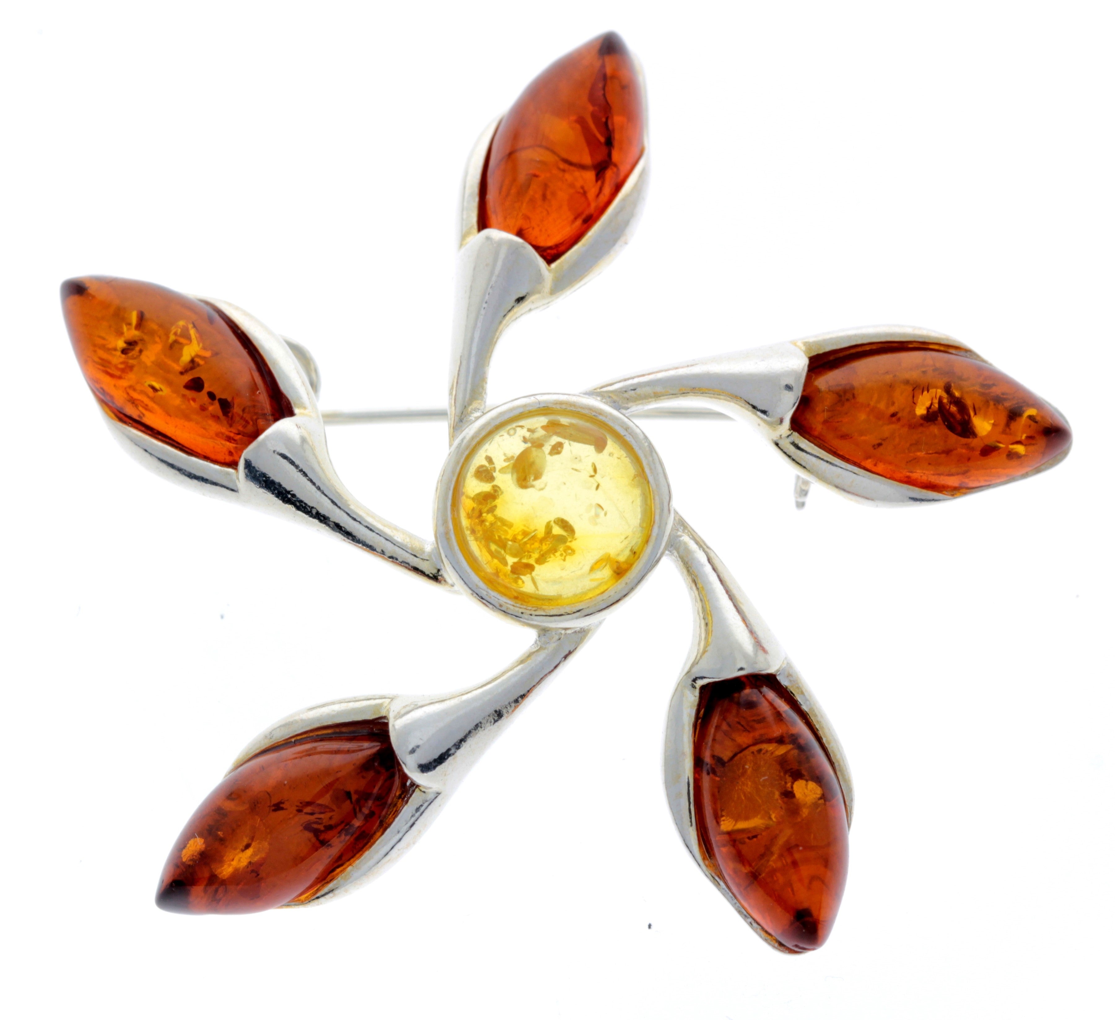 925 Sterling Silver & Genuine Baltic Amber Star Brooch - GL809