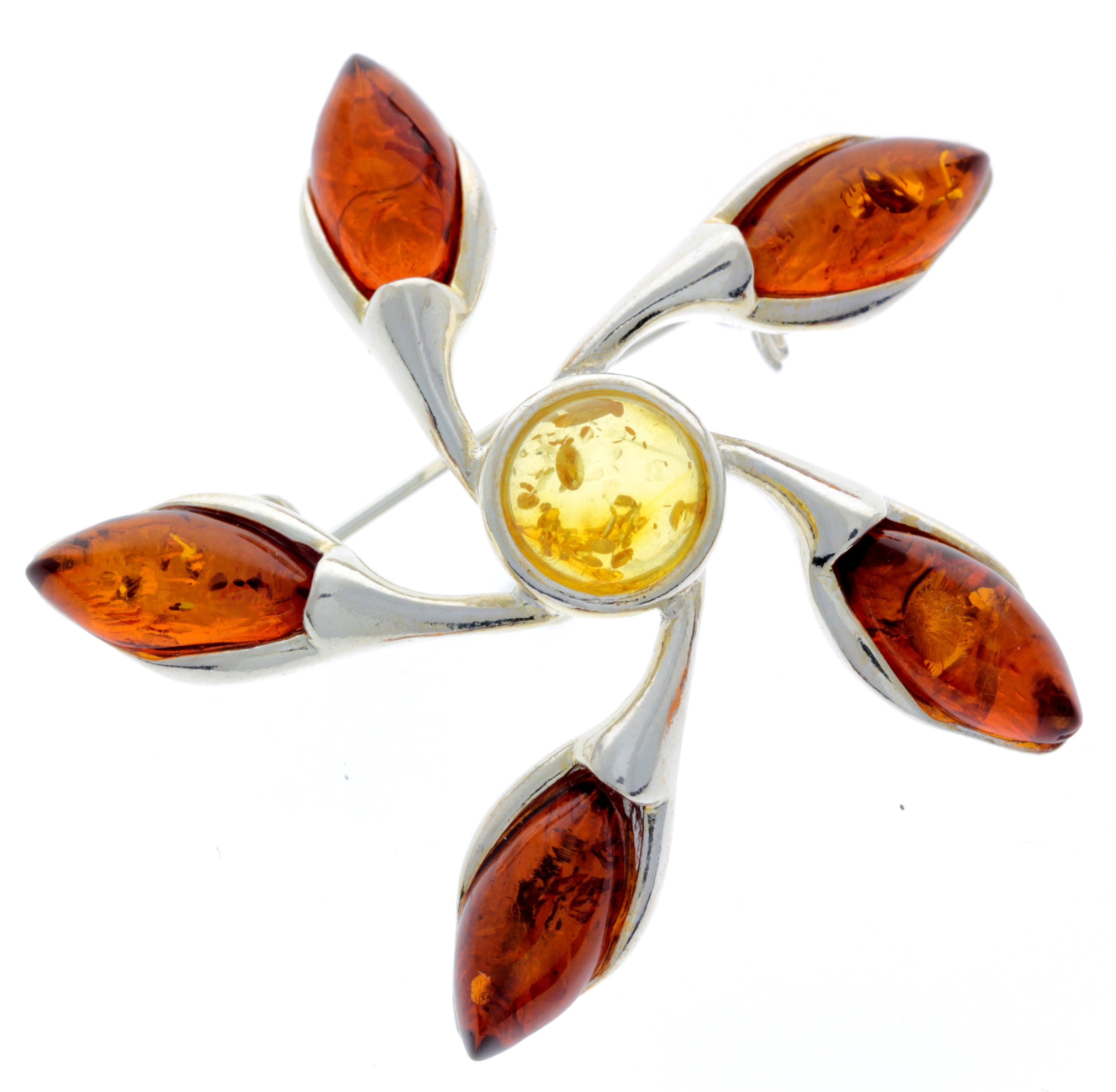 925 Sterling Silver & Genuine Baltic Amber Star Brooch - GL809