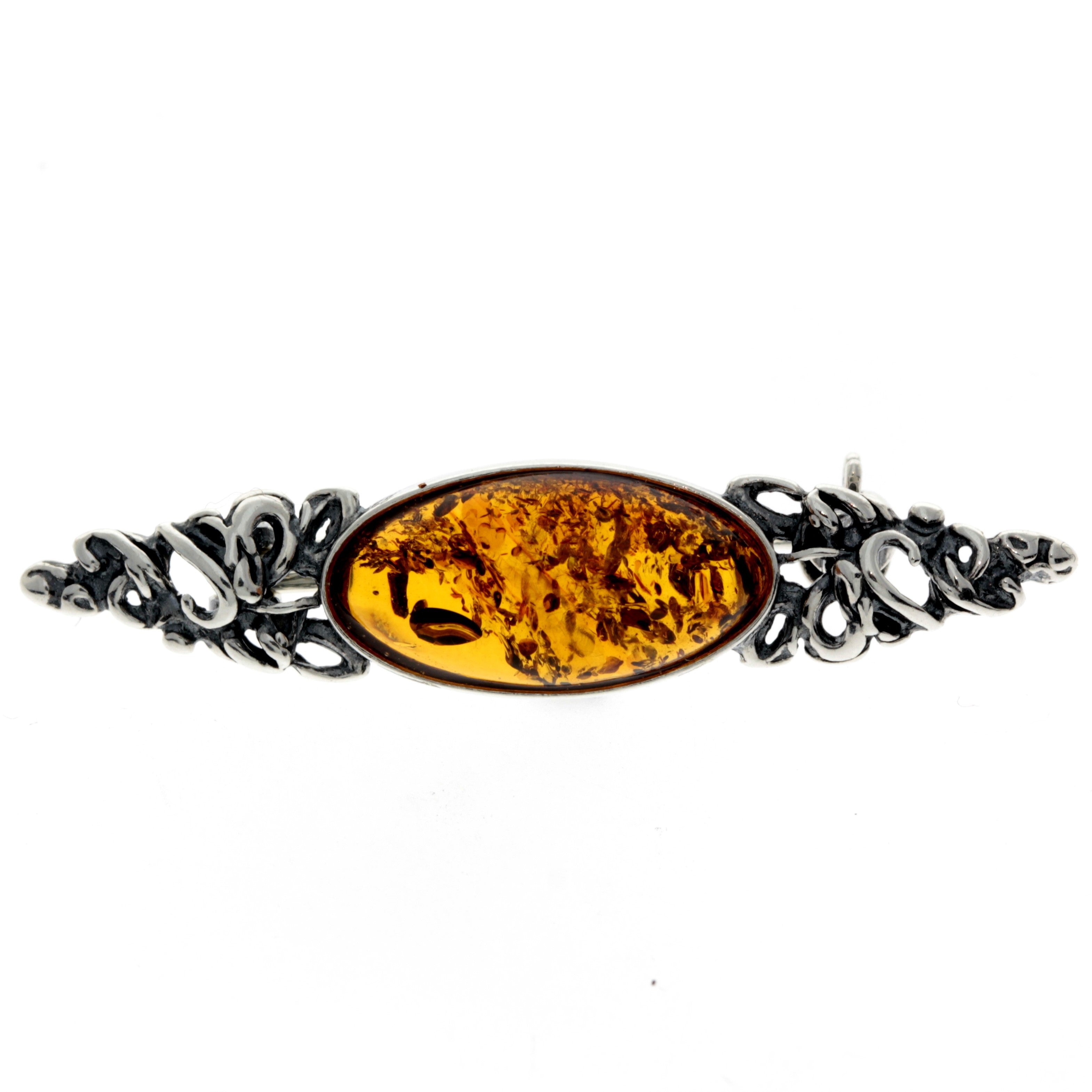 925 Sterling Silver & Genuine Baltic Amber Classic Brooch - GL817