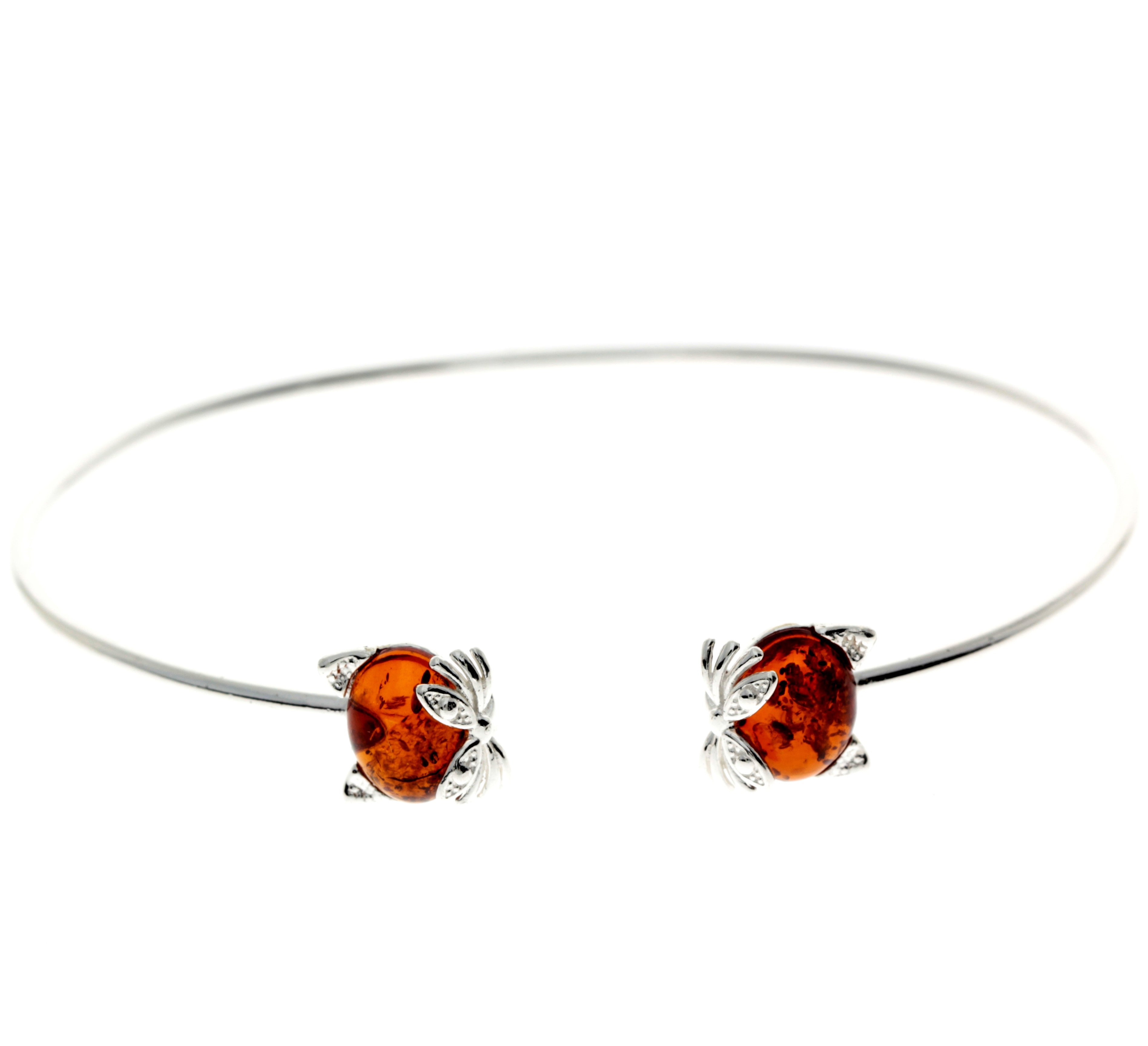 925 Sterling Silver & Genuine Baltic Amber Cat Solid Bangle - GL556