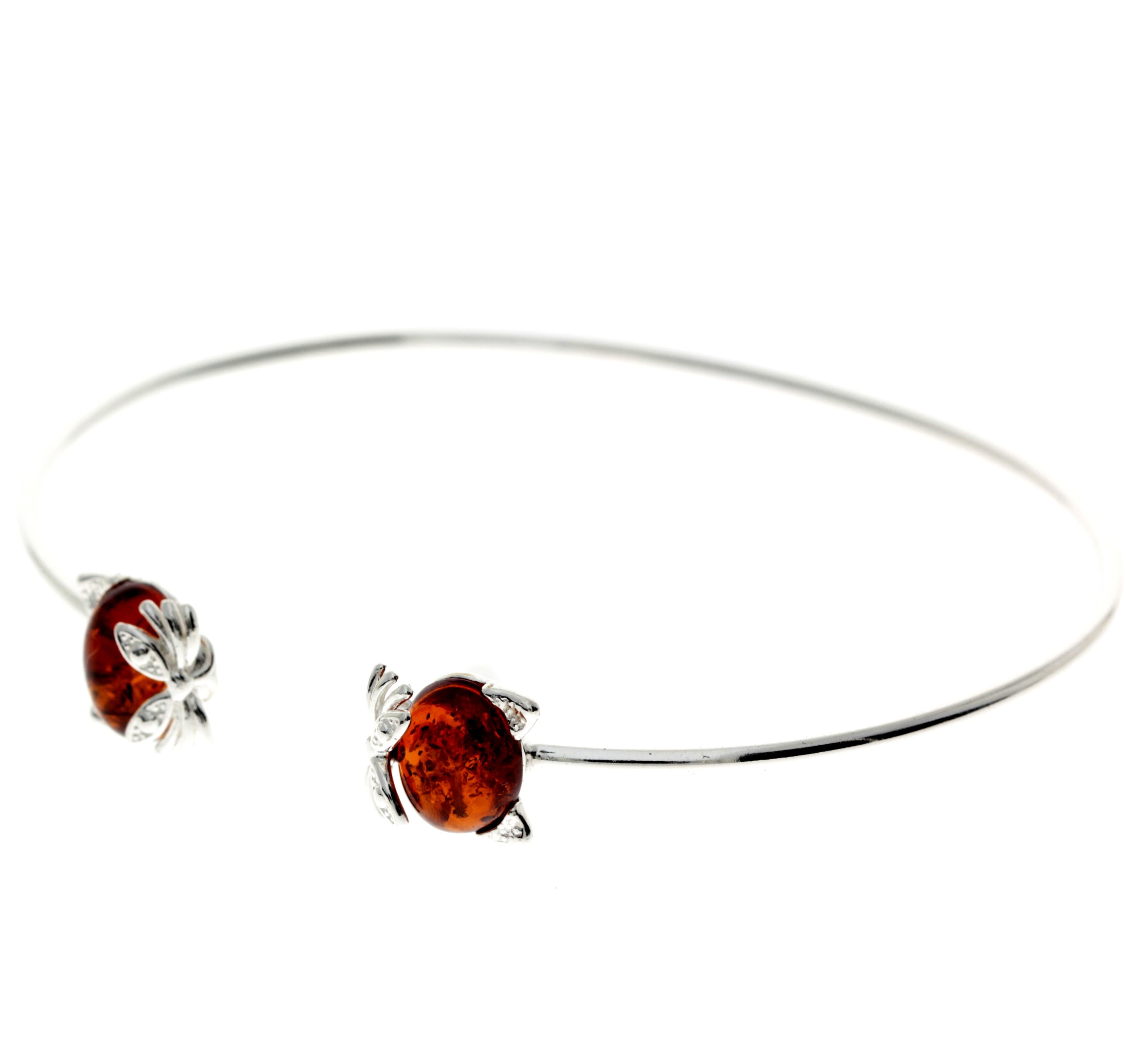 925 Sterling Silver & Genuine Baltic Amber Cat Solid Bangle - GL556