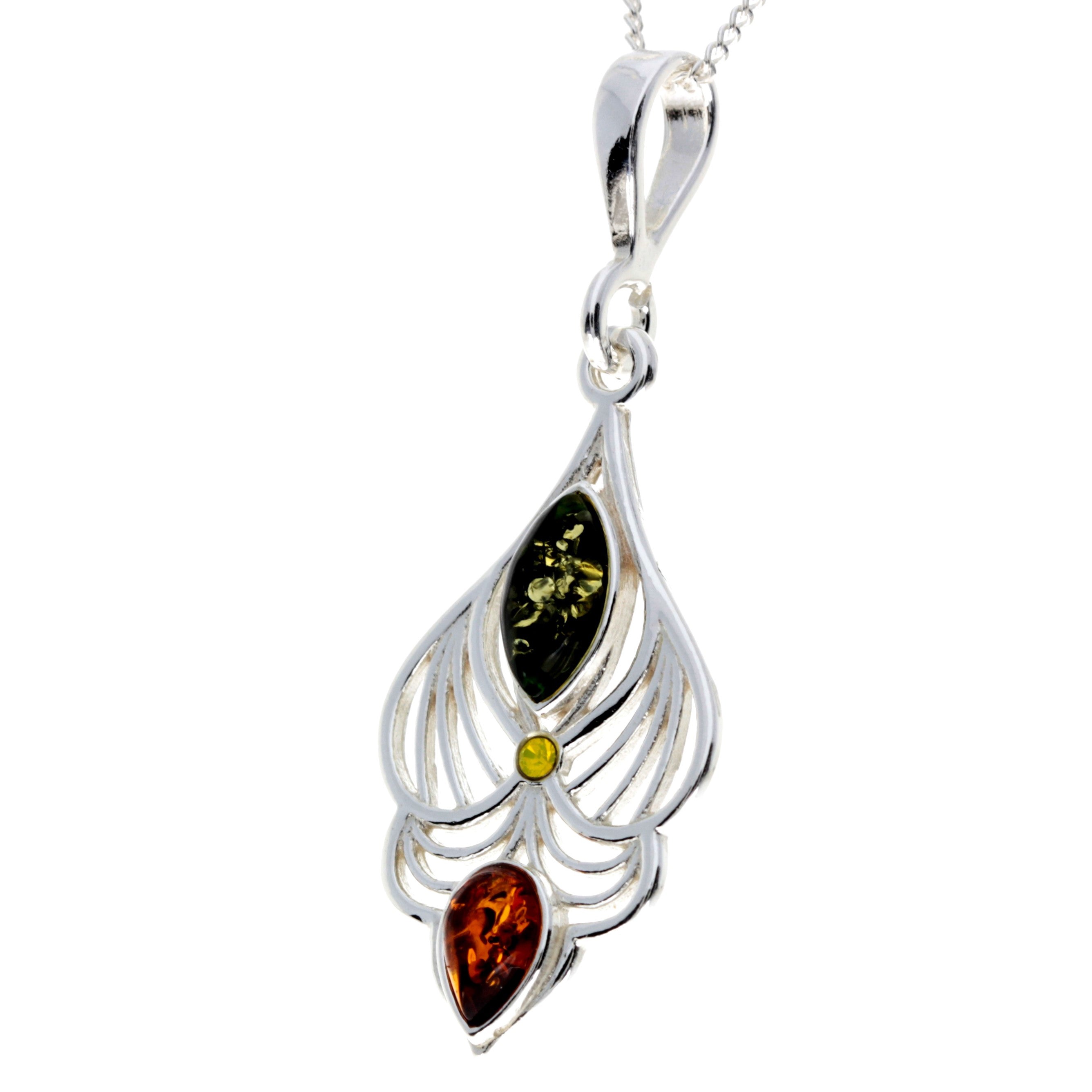 925 Sterling Silver & Genuine Baltic Amber 3 Stones Modern Pendant - M2007