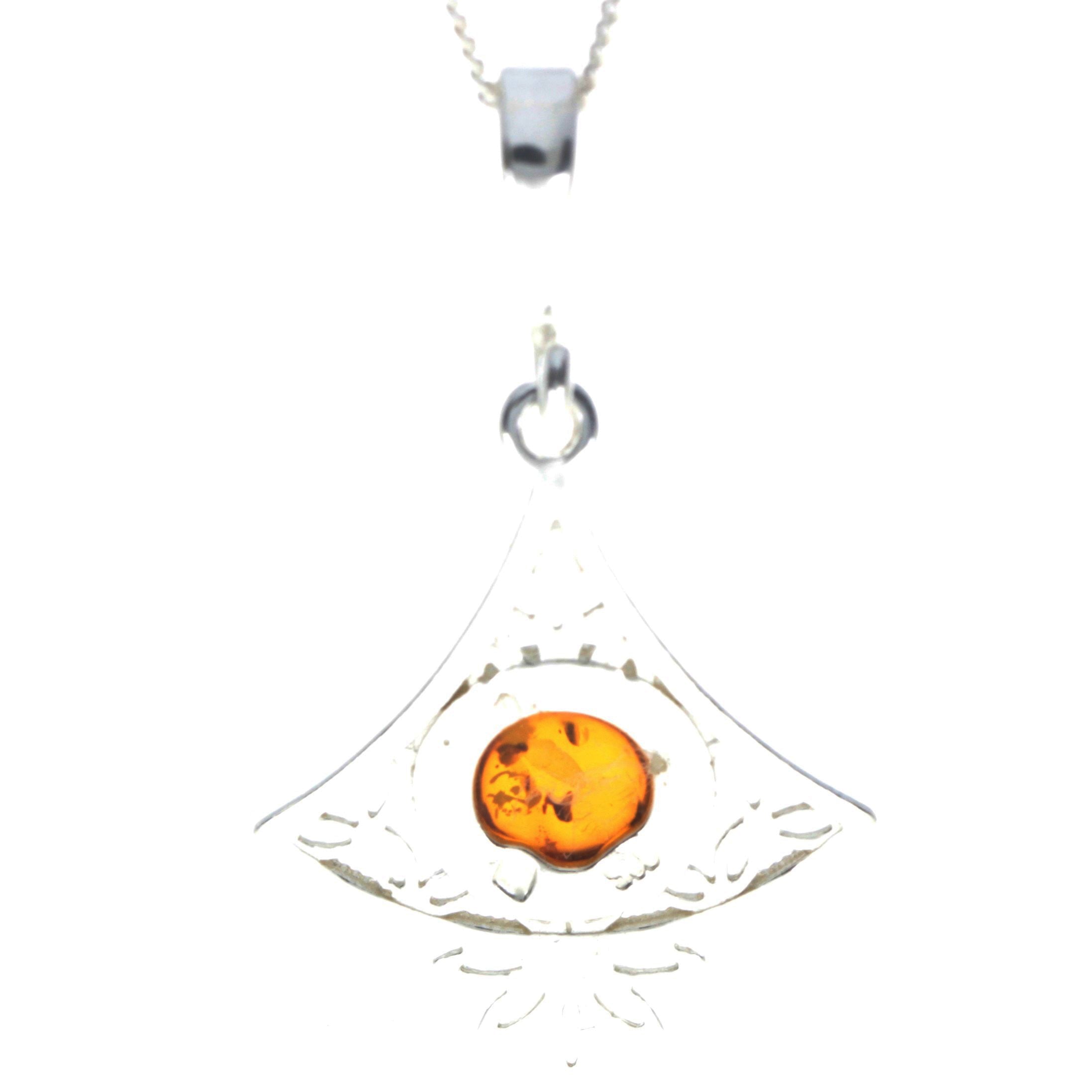 925 Sterling Silver & Genuine Baltic Amber Round Stone Modern Pendant - M2008